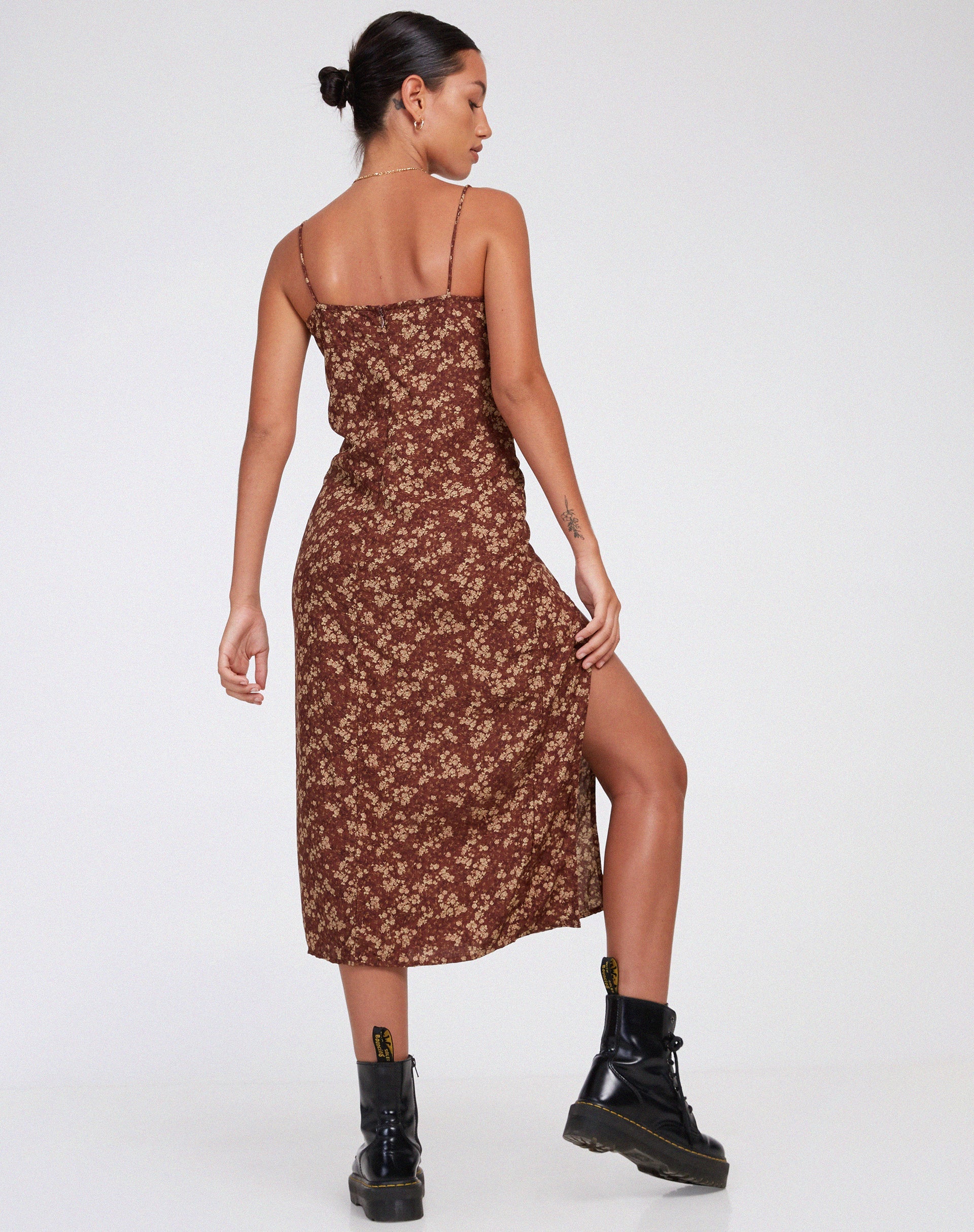 Brown Floral Square Neck Side Leg Split Maxi Dress | Cypress