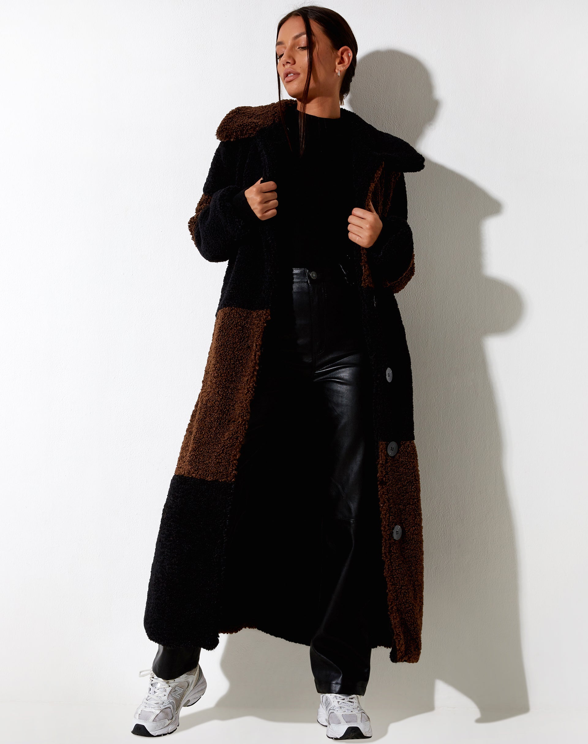 Image of Humus Teddy Coat in Panelled Chocolate and Black