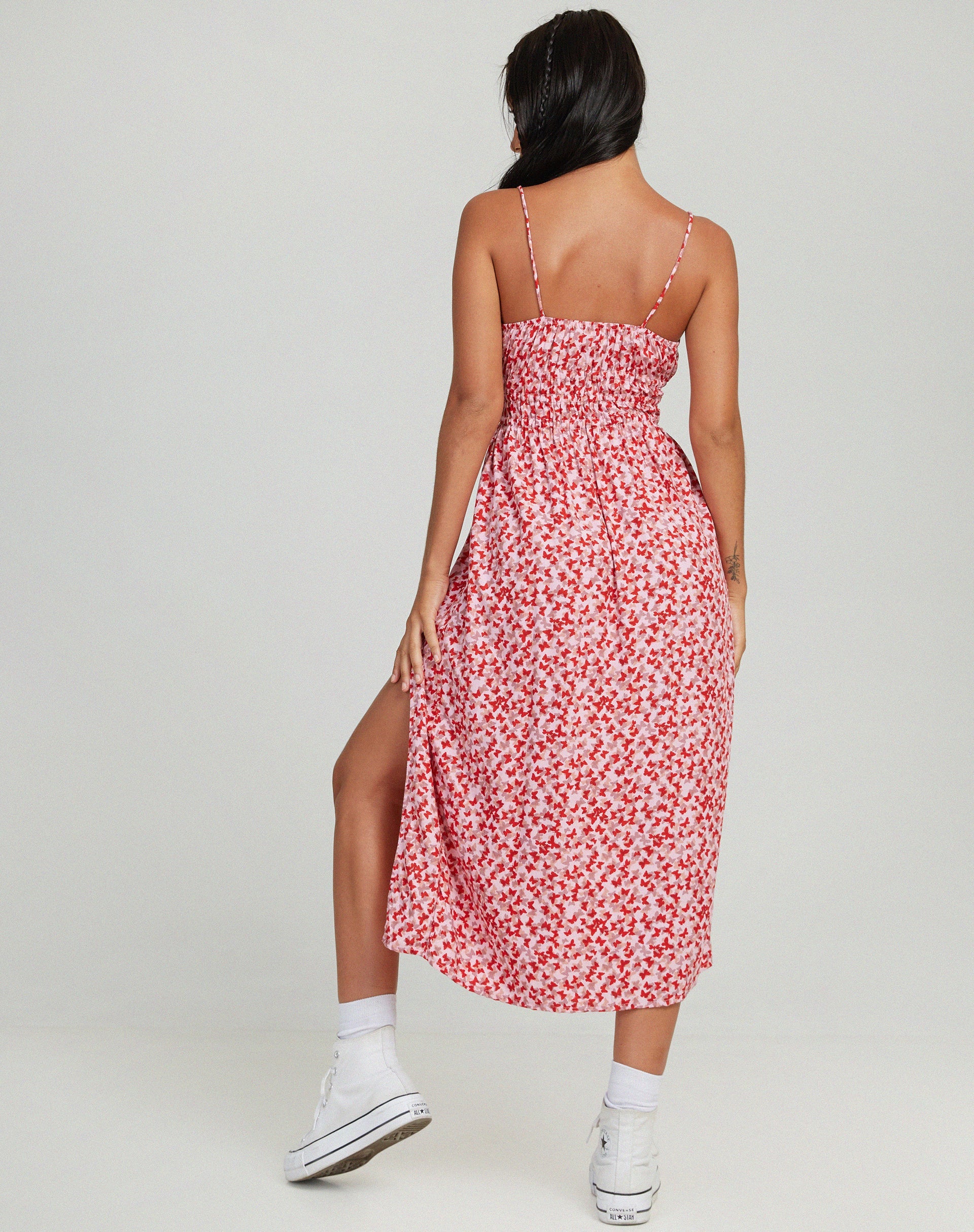 Jeyro Midi Dress in Ditsy Butterfly Peach and Red