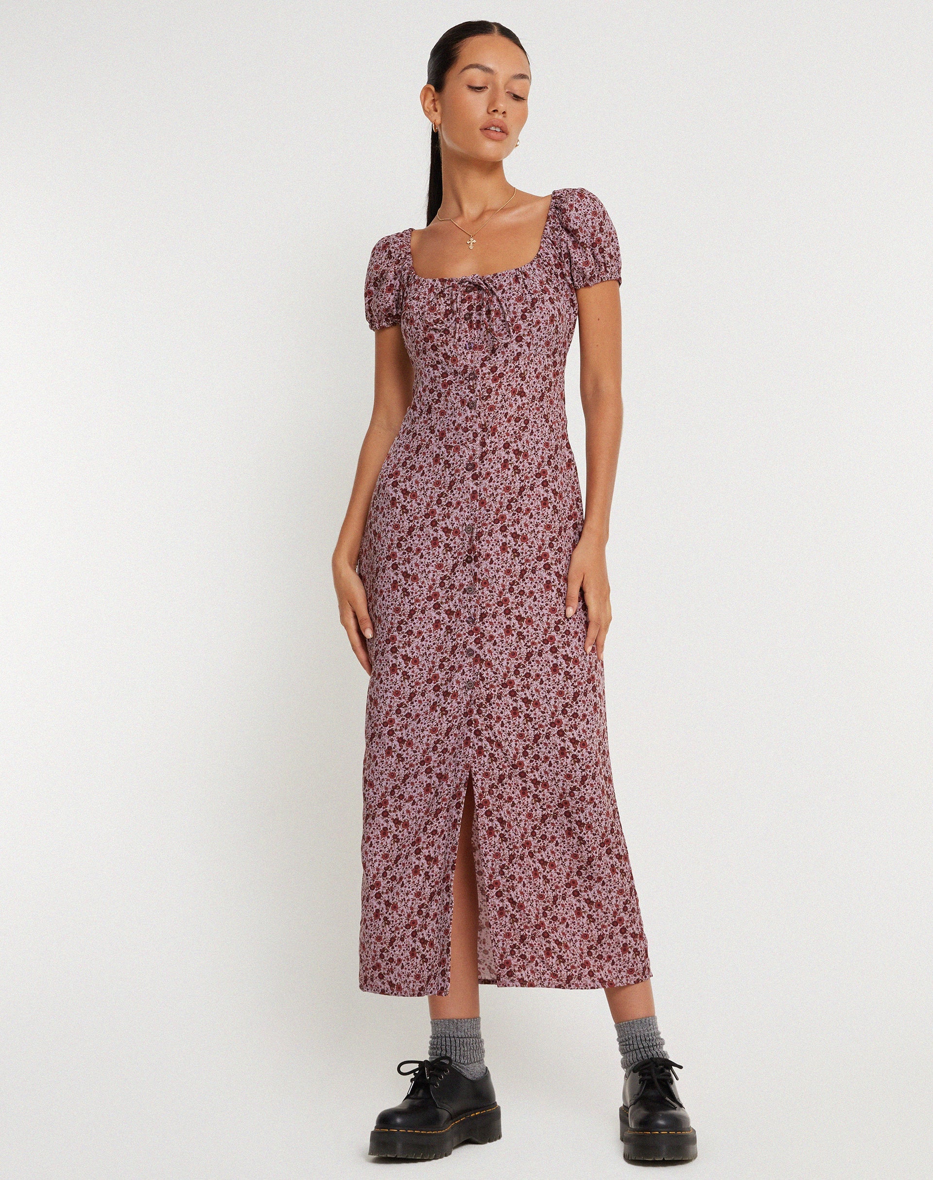 Burgundy Floral Print Midi Dress | Larson – motelrocks-com-us