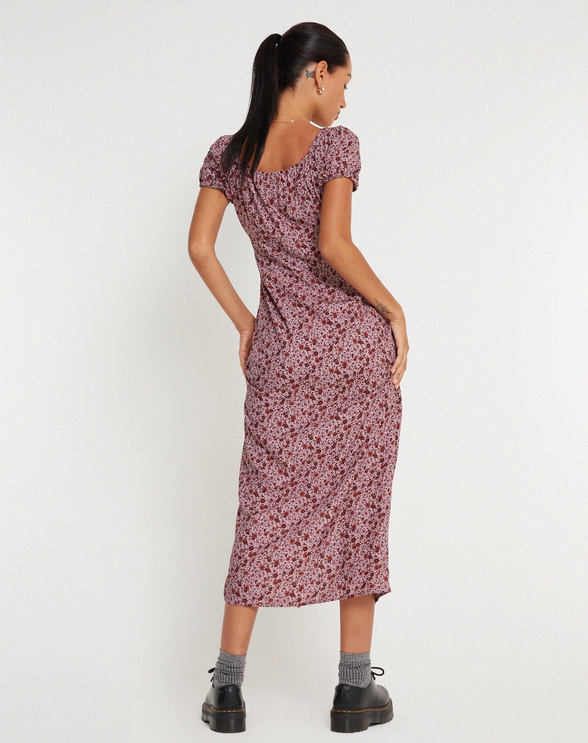 Burgundy Floral Print Midi Dress | Larson – motelrocks-com-us