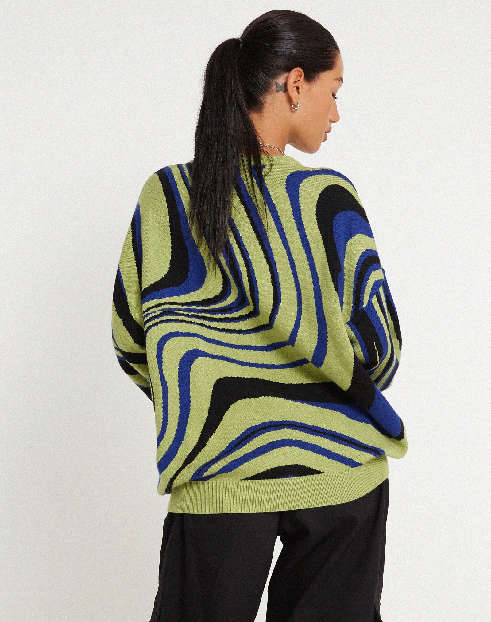 Green and Blue Ripple Pattern Crew Neckline Oversized Jumper