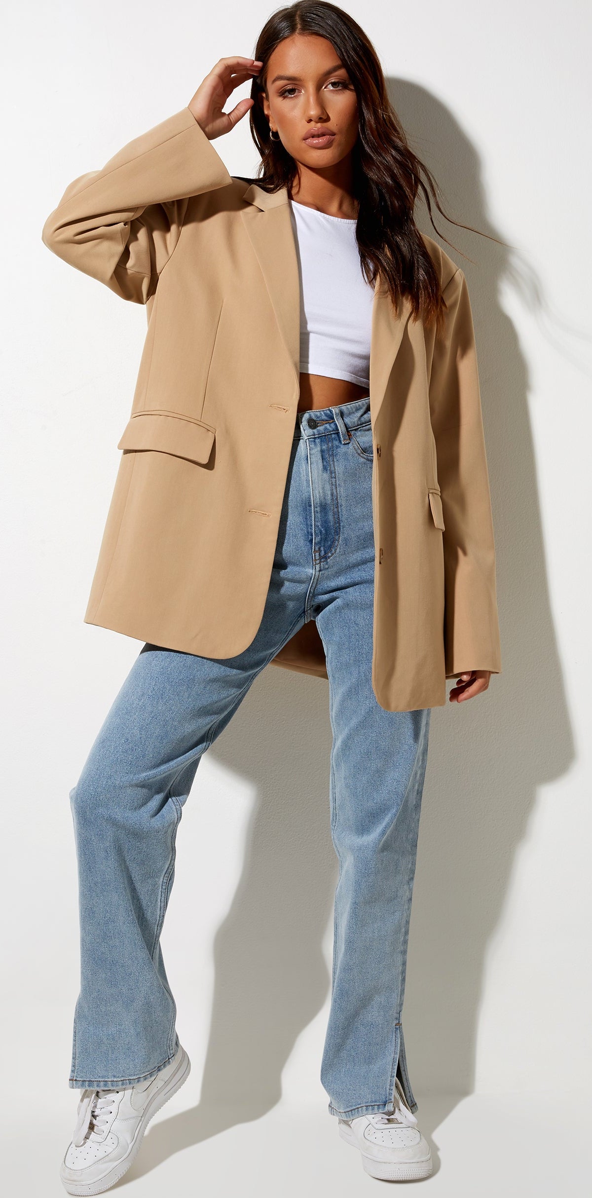 Light Brown Almond Longline Suit Blazer Jacket | Maiwa – motelrocks-com-us