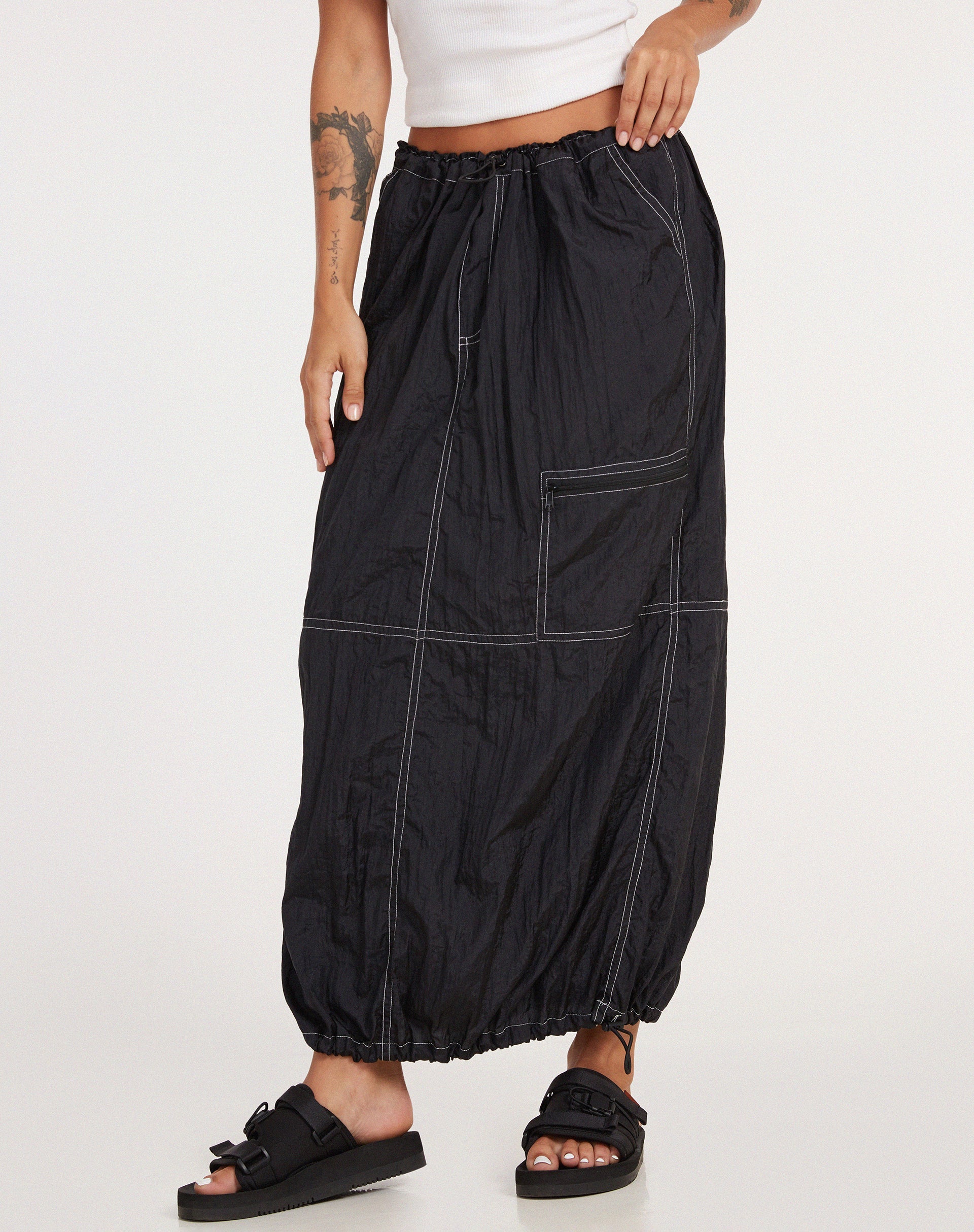 image of Masao Maxi Skirt in Parachute Black with White Stitch