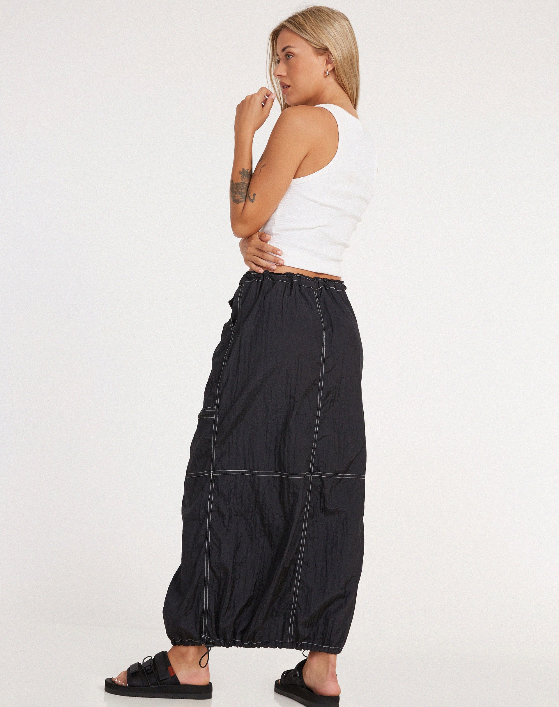 image of Masao Maxi Skirt in Parachute Black with White Stitch