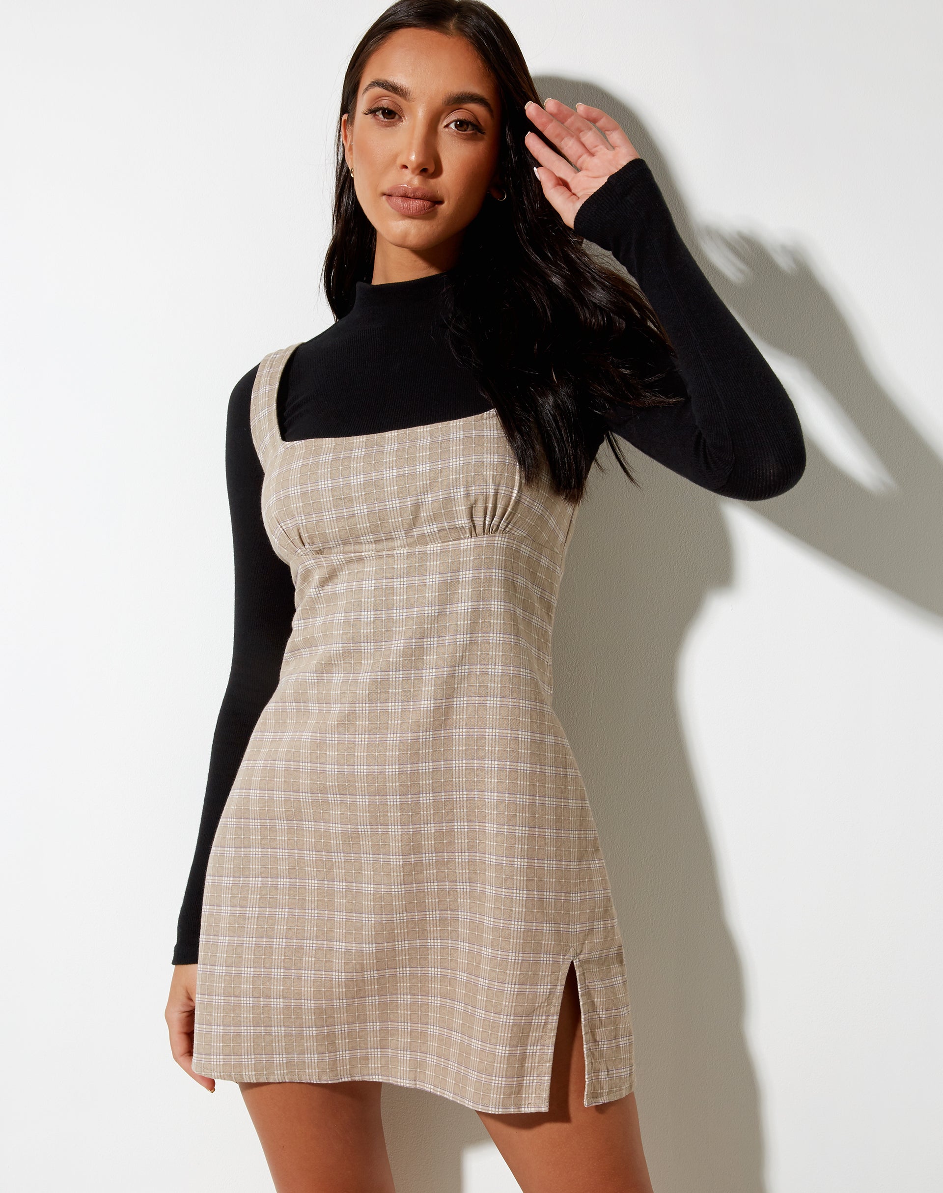 Image of Mehra Mini Dress in Taupe Check