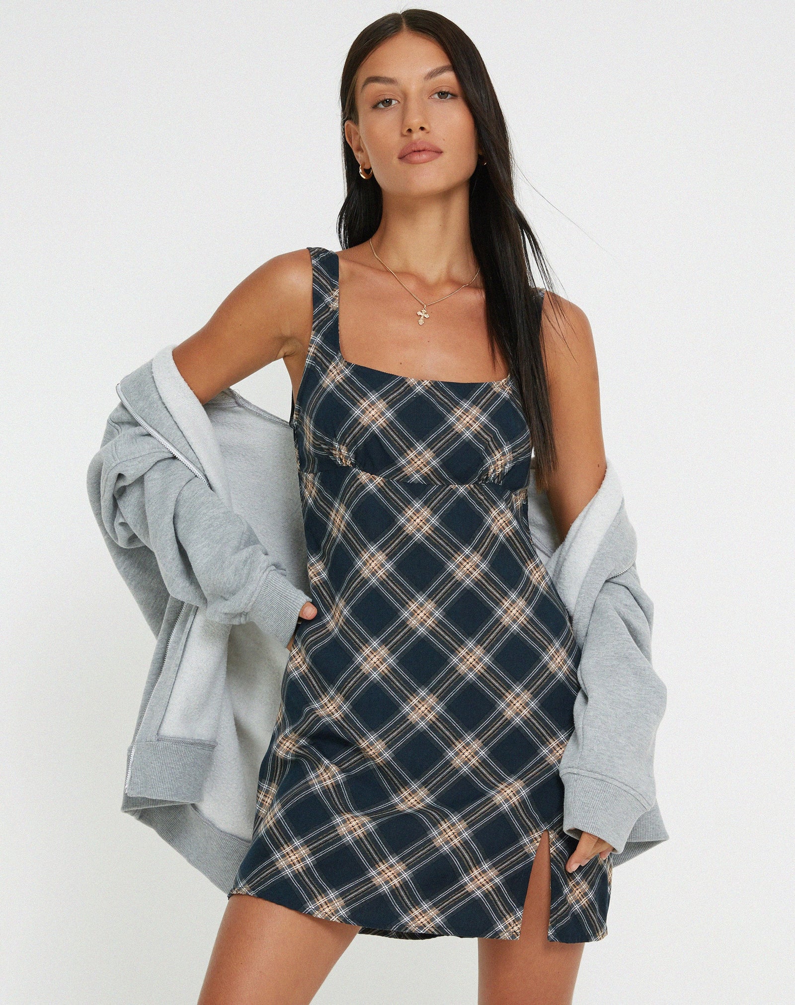 Black and Grey Check Print Mini Dress | Mehra – motelrocks-com-us