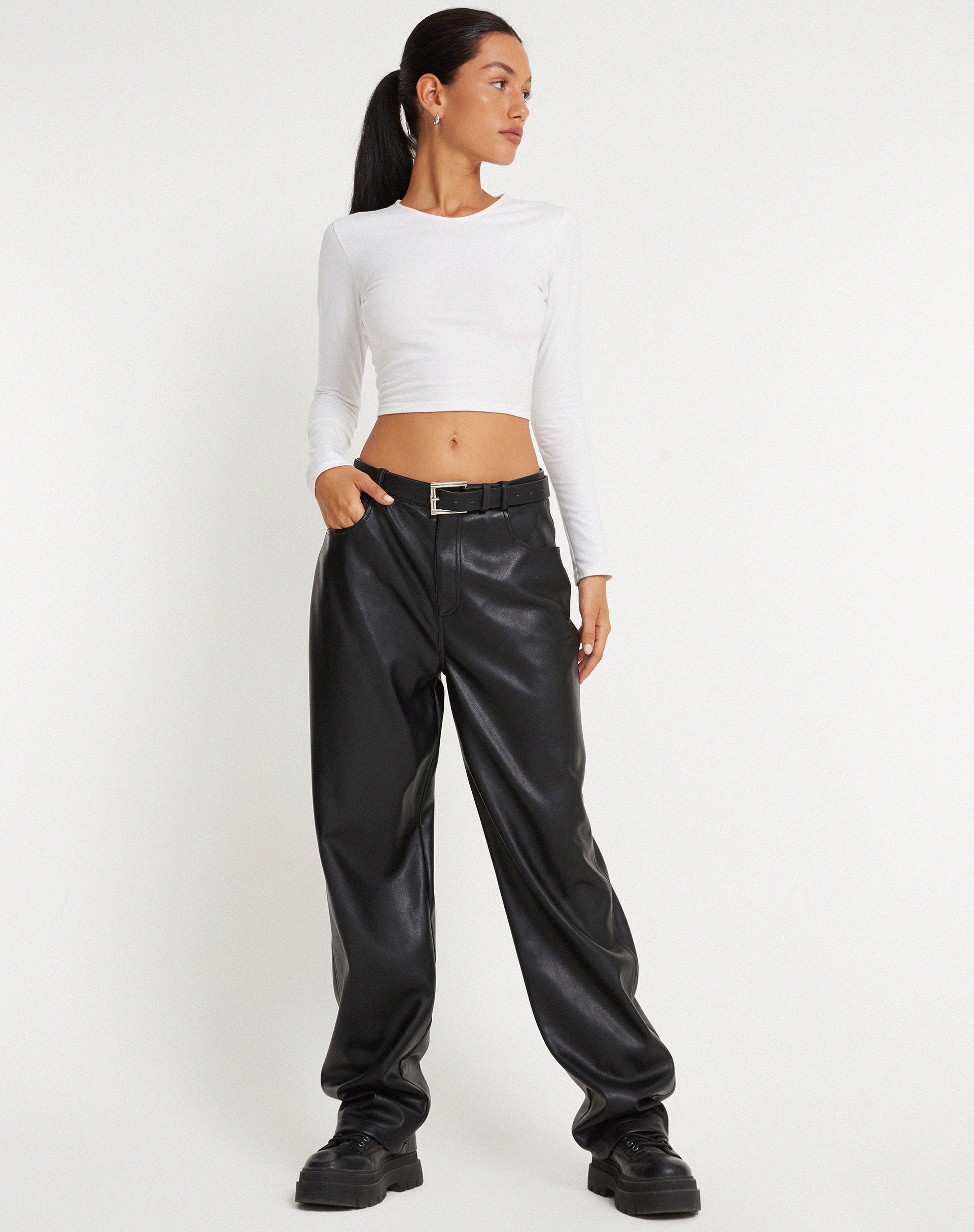 NA-KD high waisted flared cropped faux leather trousers in black | ASOS