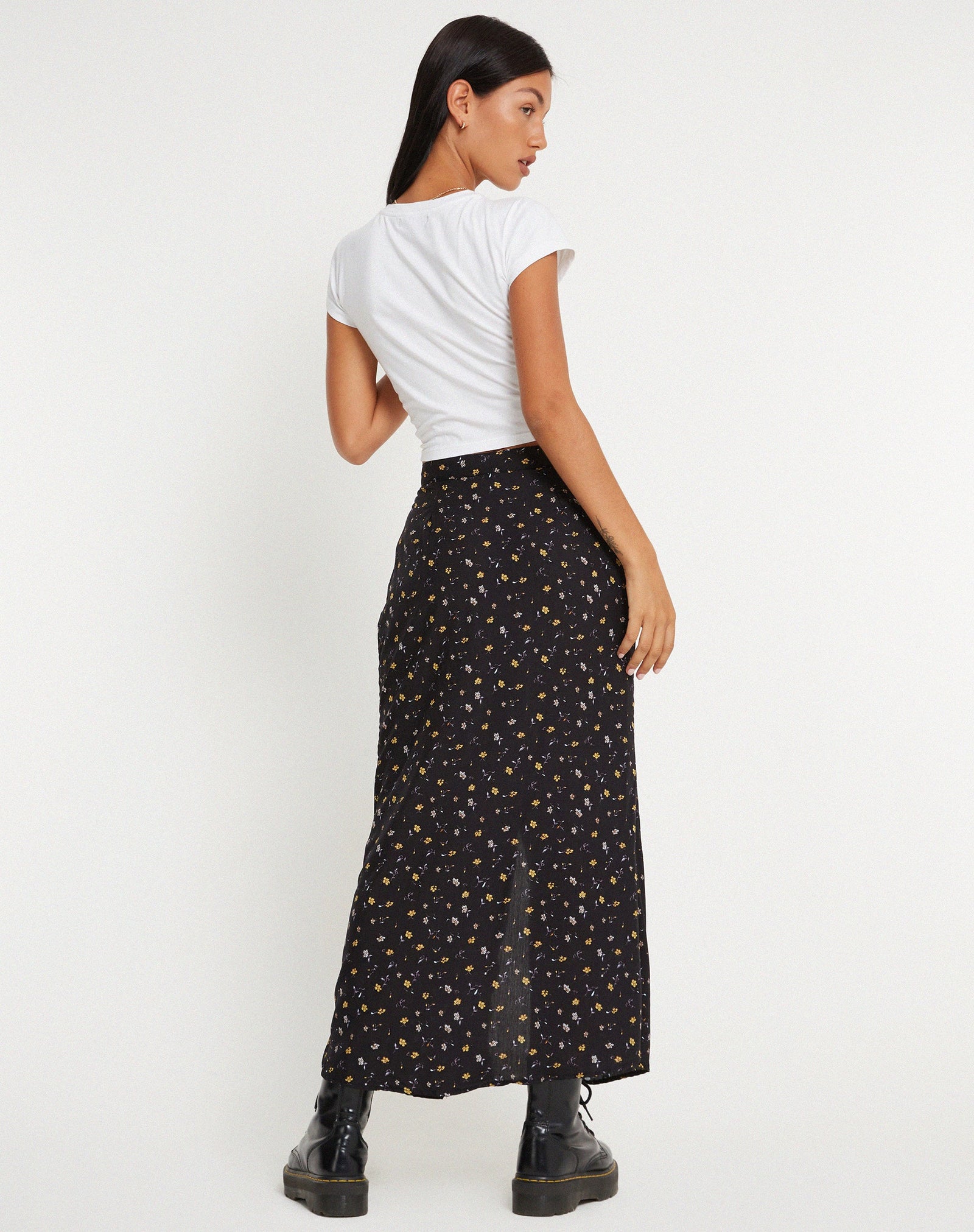 Black Floral Print Midi Skirt | Rima – motelrocks-com-us