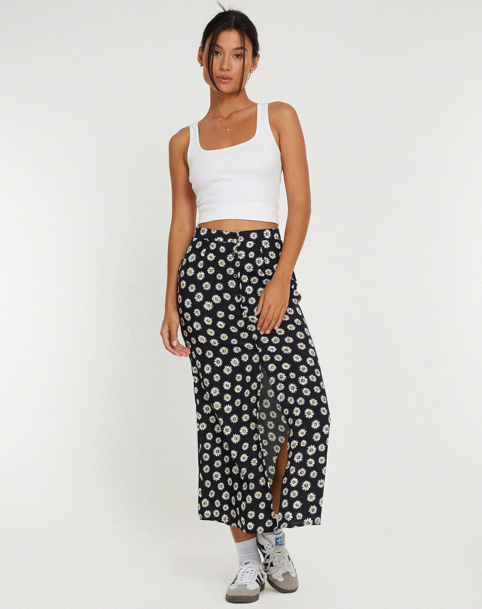 Black and Yellow Daisy Print Midi Skirt | Rima – motelrocks-com-us