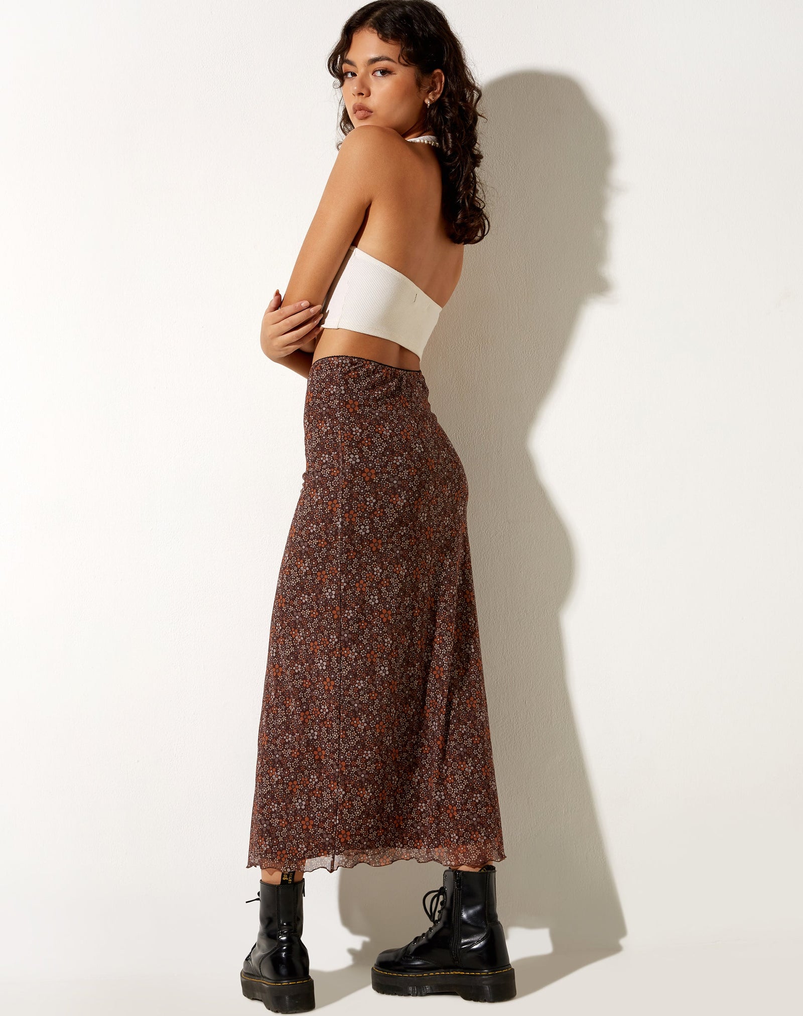 Brown Floral High Waisted Midi Skirt | Rindu – motelrocks-com-us