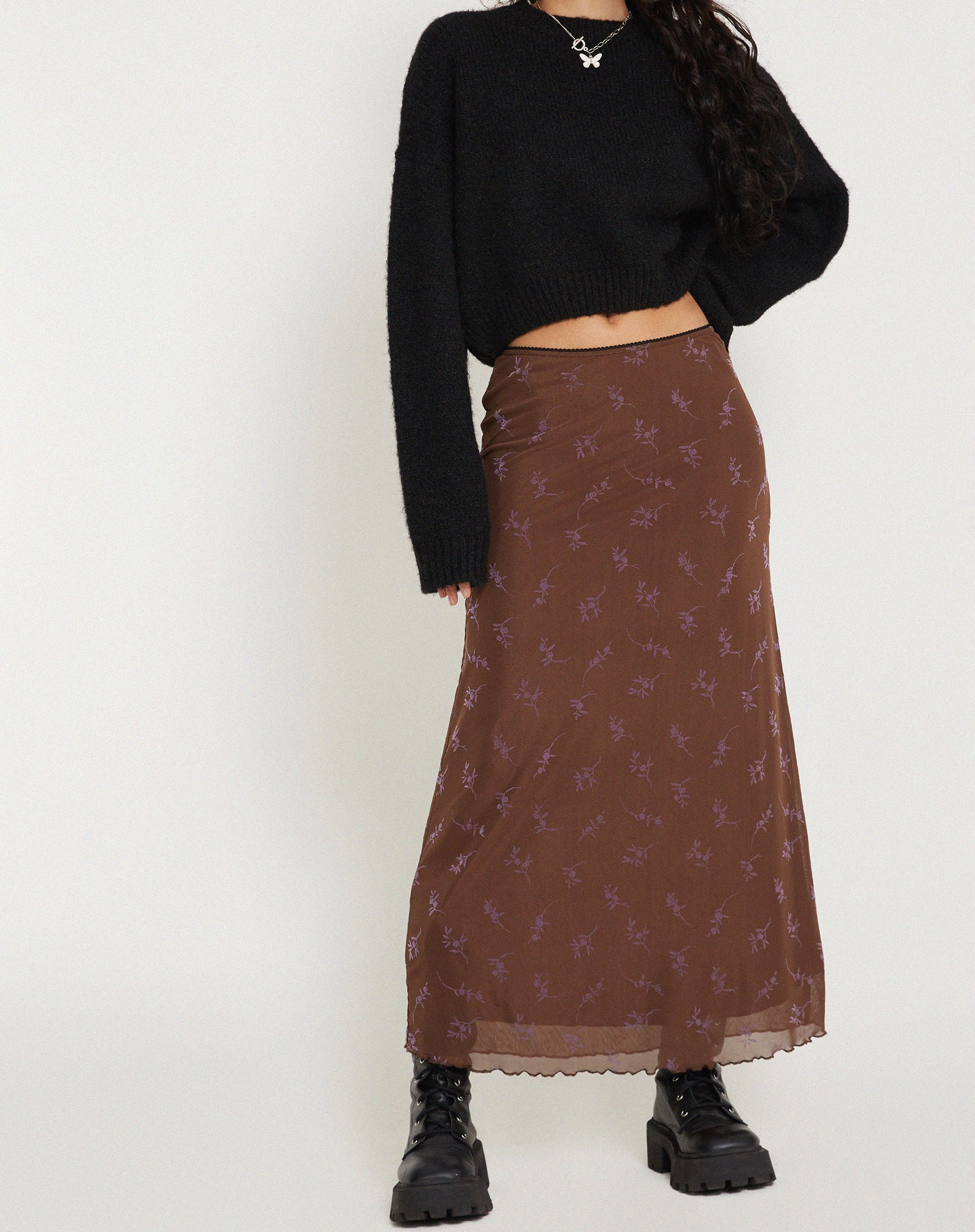 Image of Rindu Maxi Skirt in Flower Stem Flock Brown