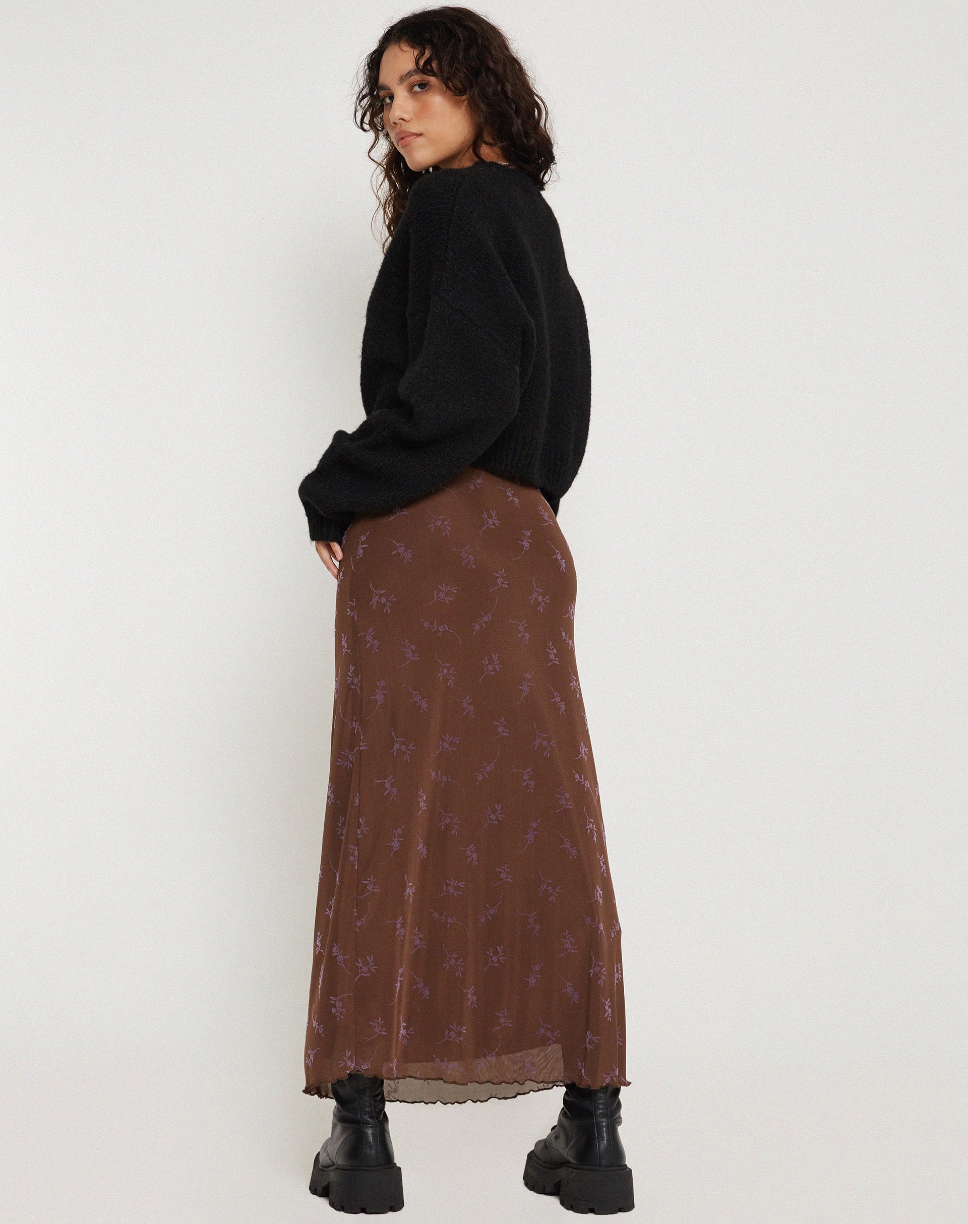 Image of Rindu Maxi Skirt in Flower Stem Flock Brown