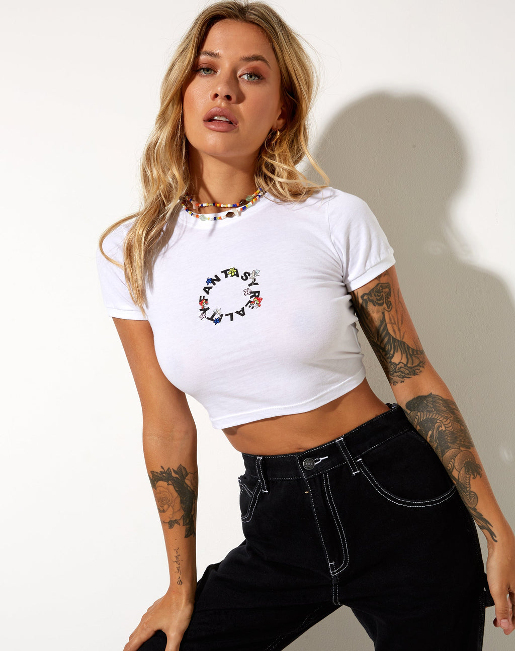 Ringer Tee in White Fantasy Reality Mix Print and Embroidery