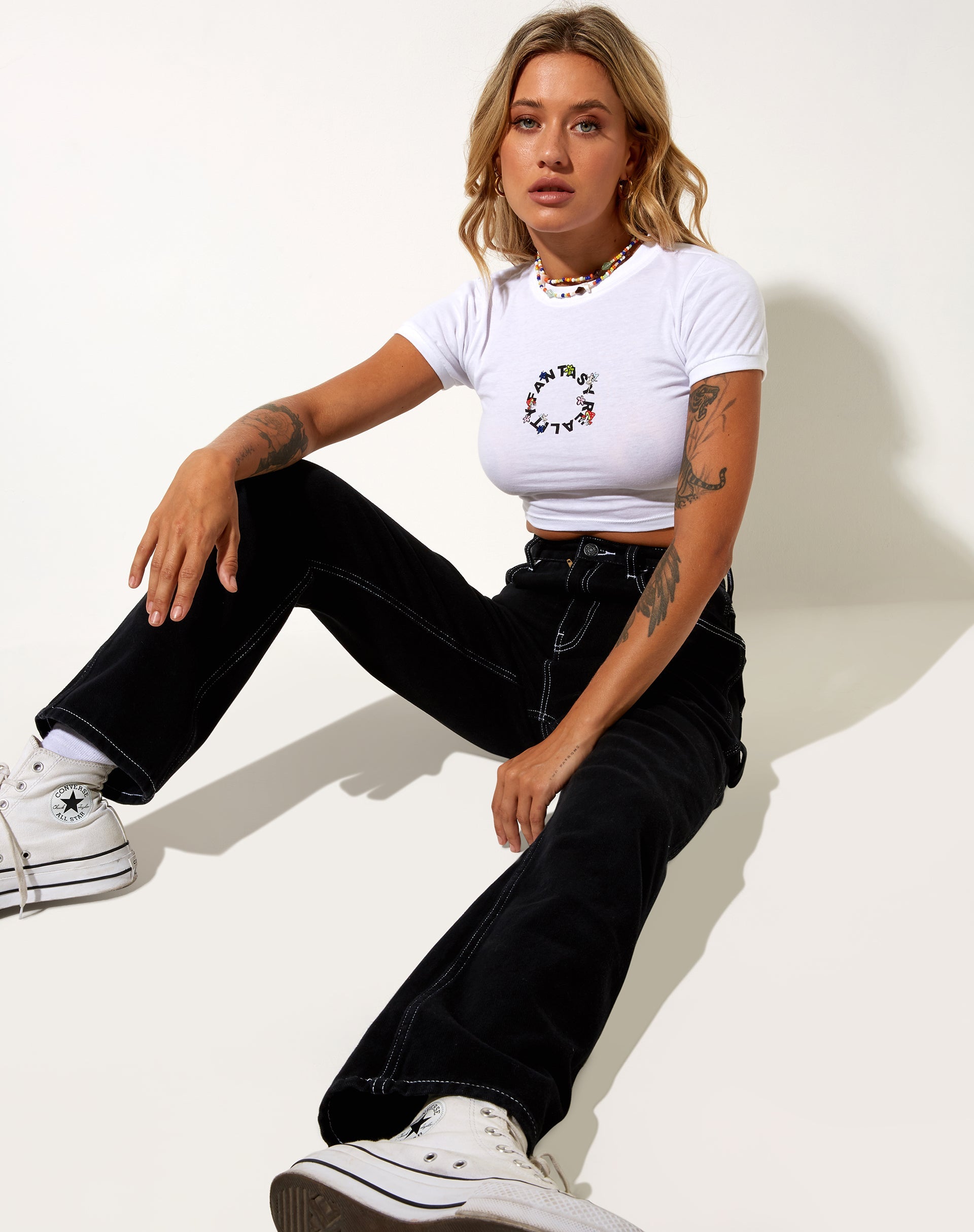 Image of Ringer Tee in White Fantasy Reality Mix Print and Embroidery