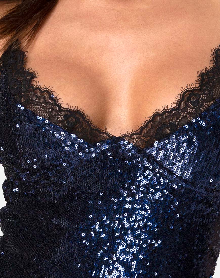 Romini Dress in Midnight Mini Sequin with Black Lace Romini Dress in Midnight Mini Sequin with Black Lace