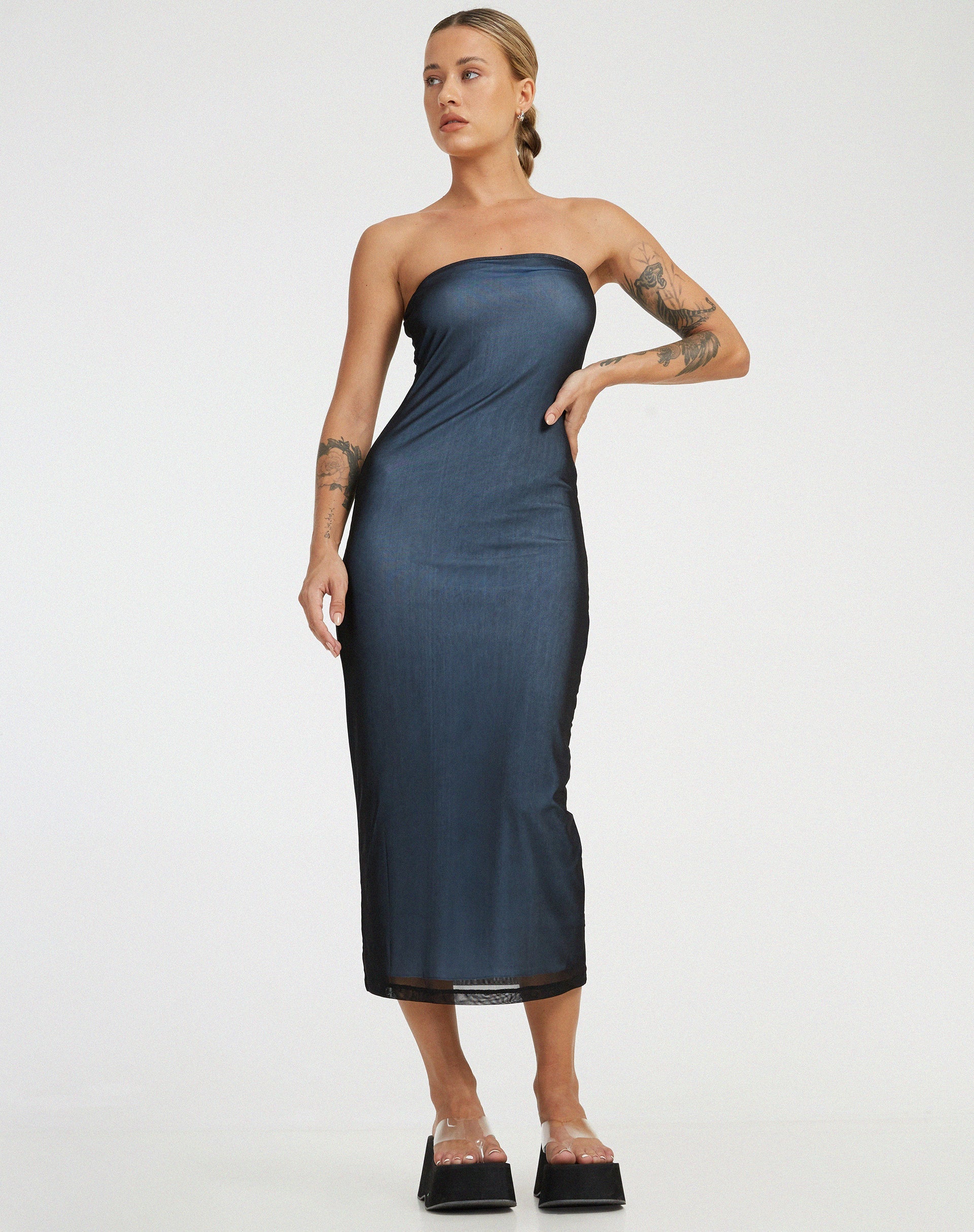 image of Rosbandi Midi Dress in Black with Baby Blue Lining
