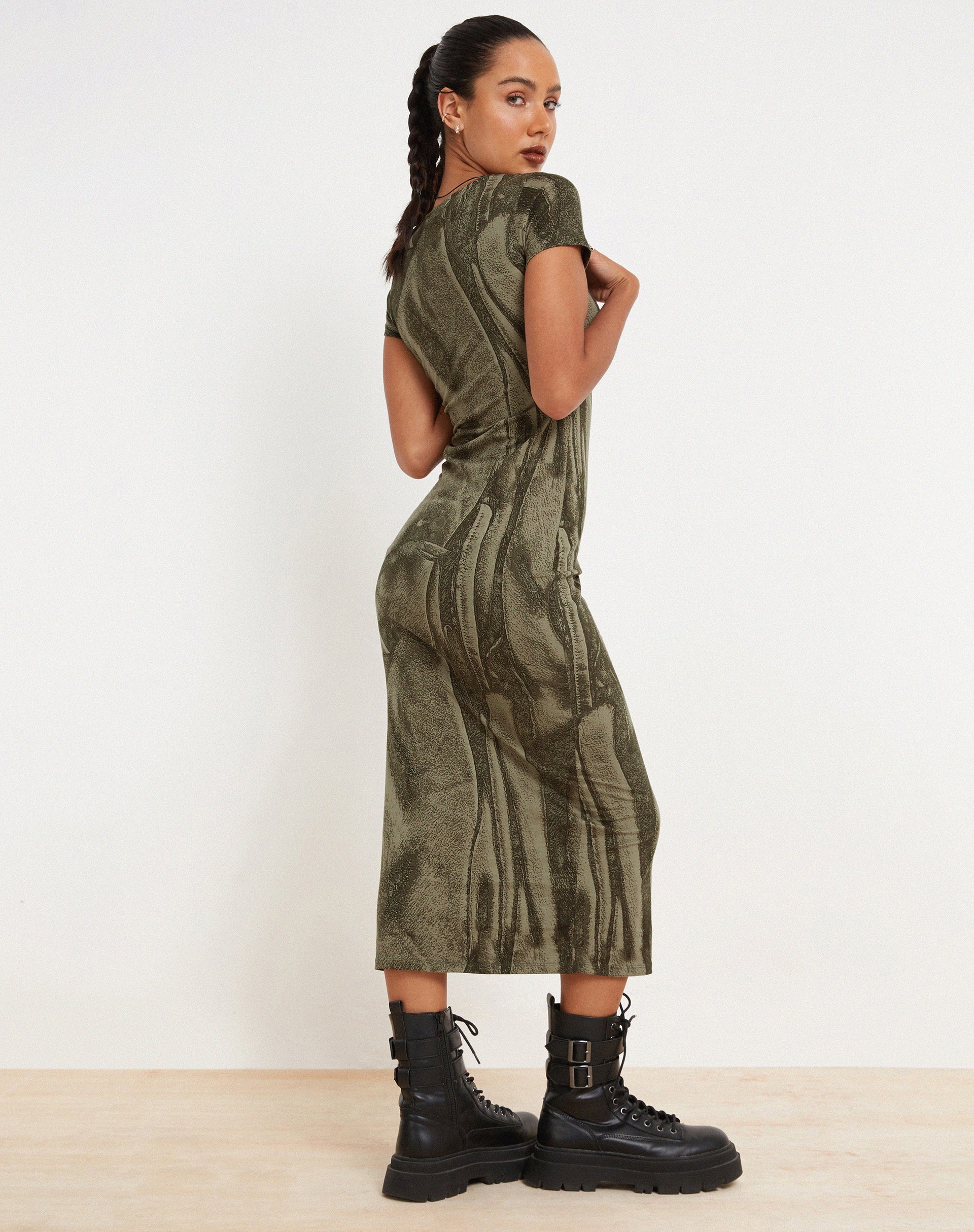 Rosika Midi Dress in Dystopian Crease Khaki - Main Image