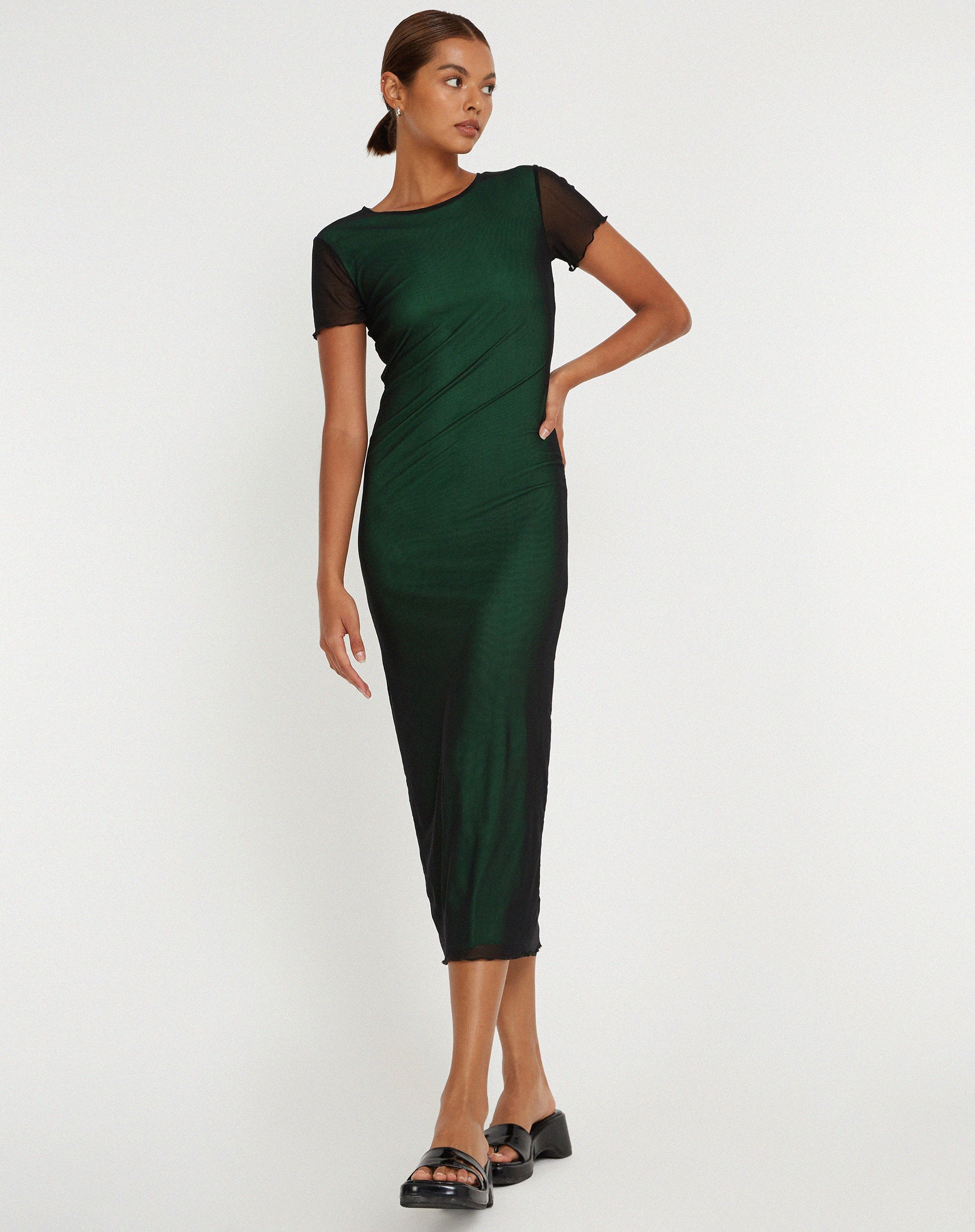 image of Roska Midi Dress in Black with Vibrant Green Lining