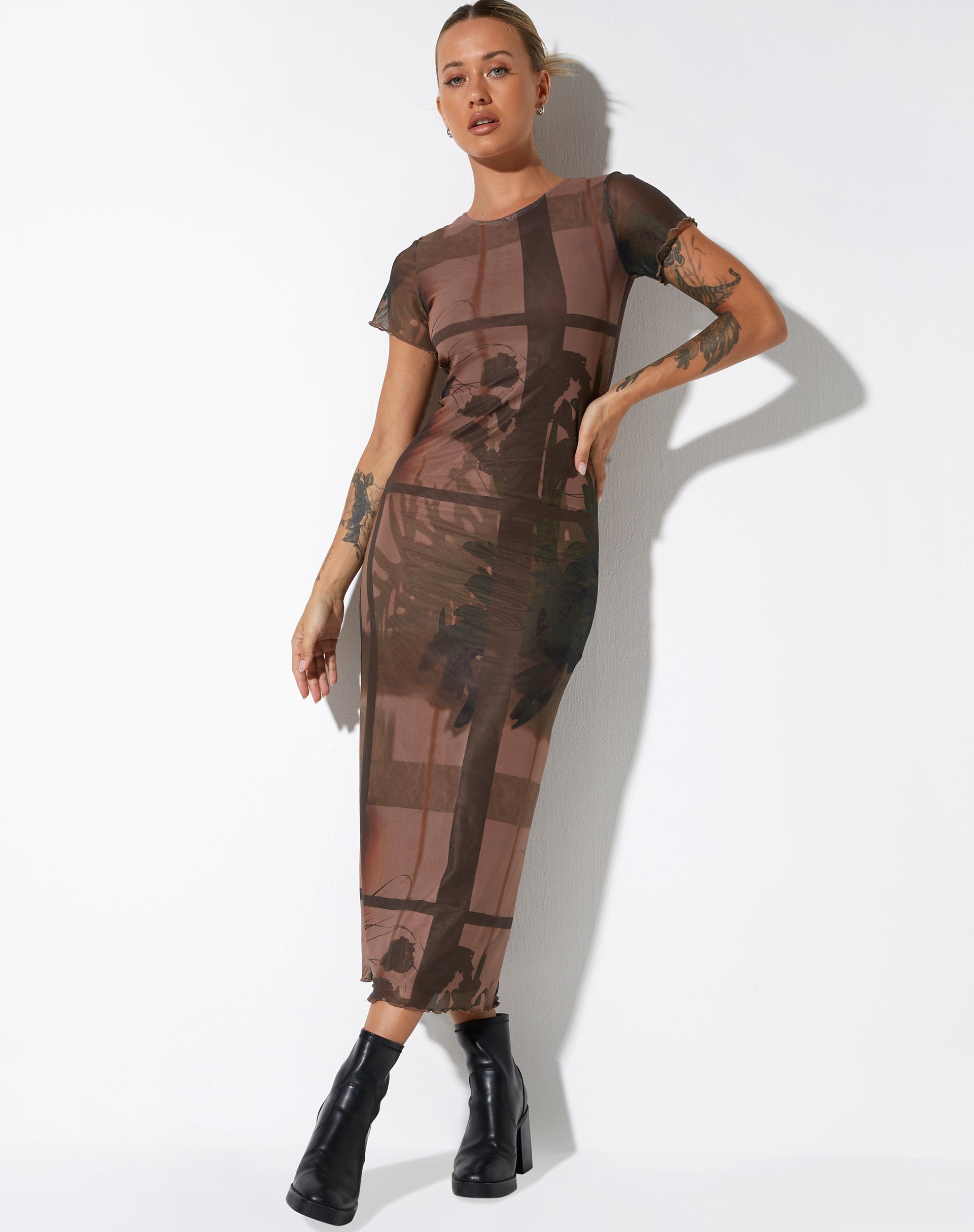 brown pink dress Brown Photo Print Midi Dress