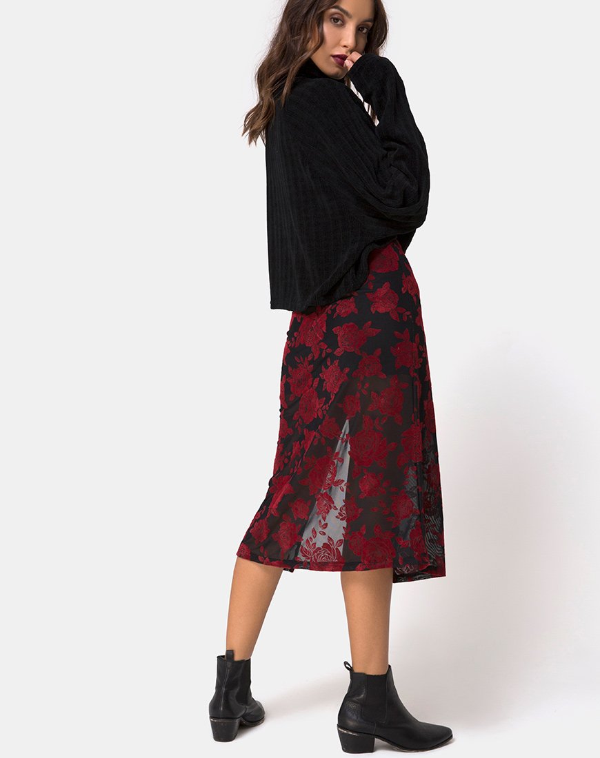 Image of Saika Midi Skirt in Romantic Red Rose Flock