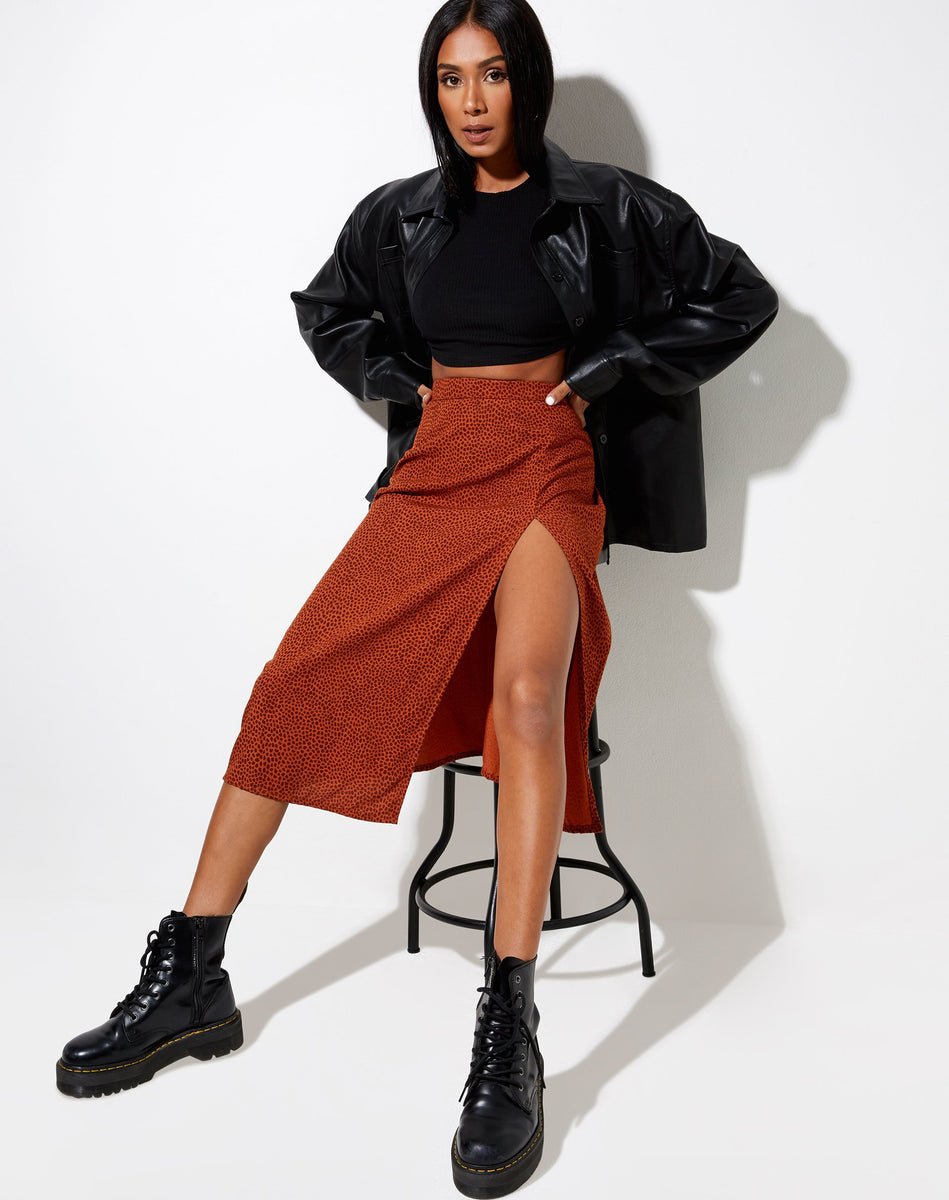Brown Croc Print Side Split Midi Skirt | Saika – motelrocks-com-us