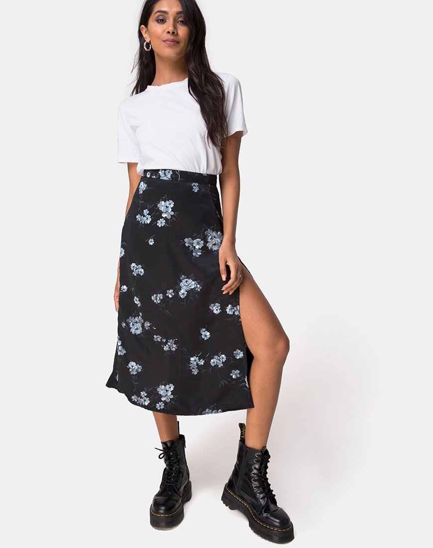Image of Saika Midi Skirt in Mono Flower Black