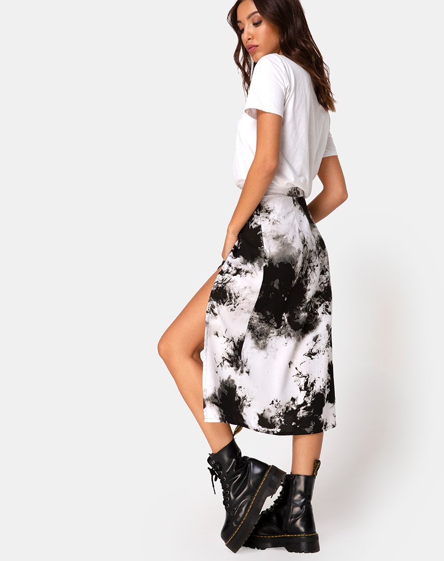 Image of Saika Midi Skirt in Mono Tie Dye Black and White