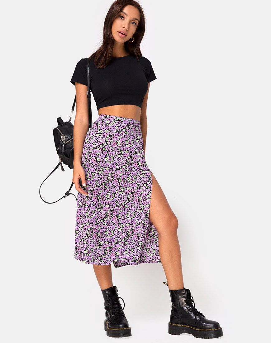 Lilac Floral Midi Skirt | Saika – motelrocks-com-us