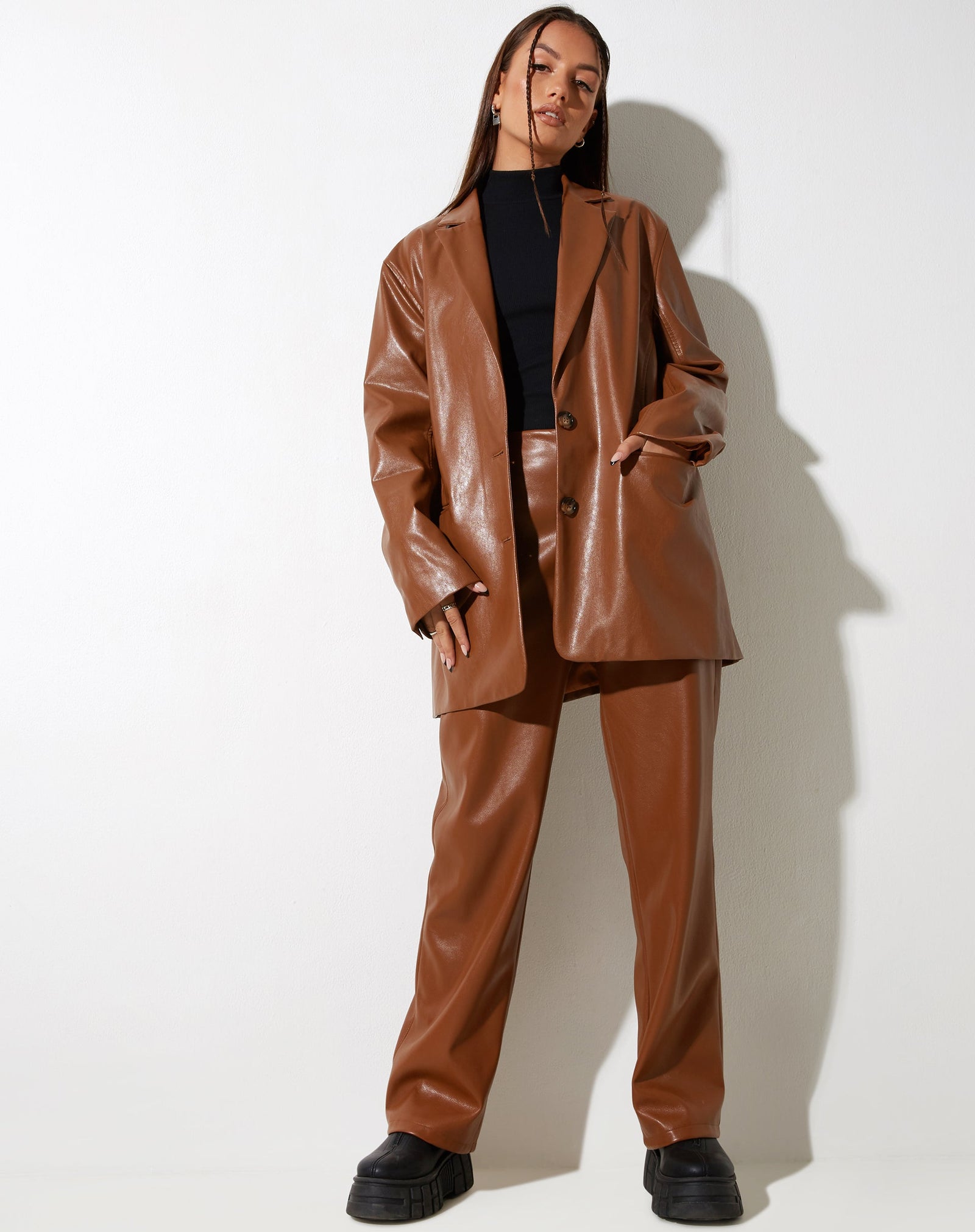 Chocolate Brown PU Leather Wide Leg Trousers | Patria – motelrocks