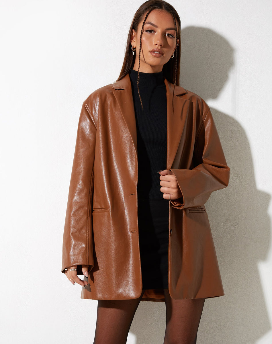 Chocolate Brown PU Leather Oversized Blazer | Saken – motelrocks-com-us
