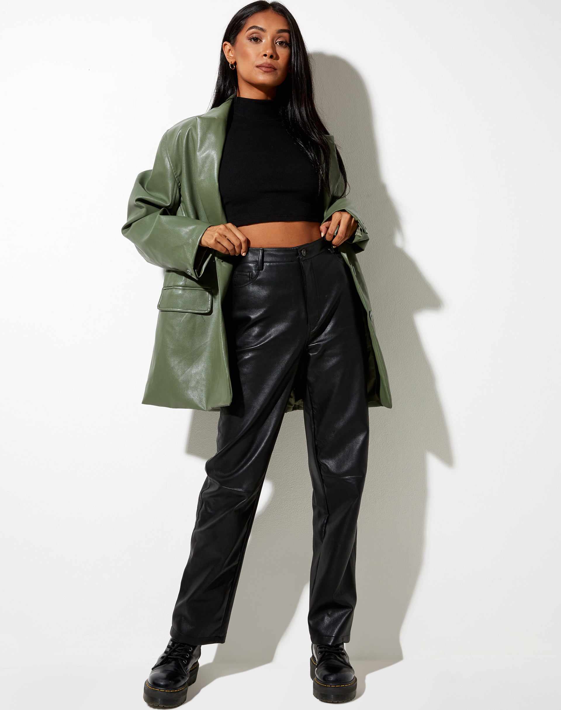 Long Sleeve Green Faux Leather Blazer | Saken – motelrocks-com-us