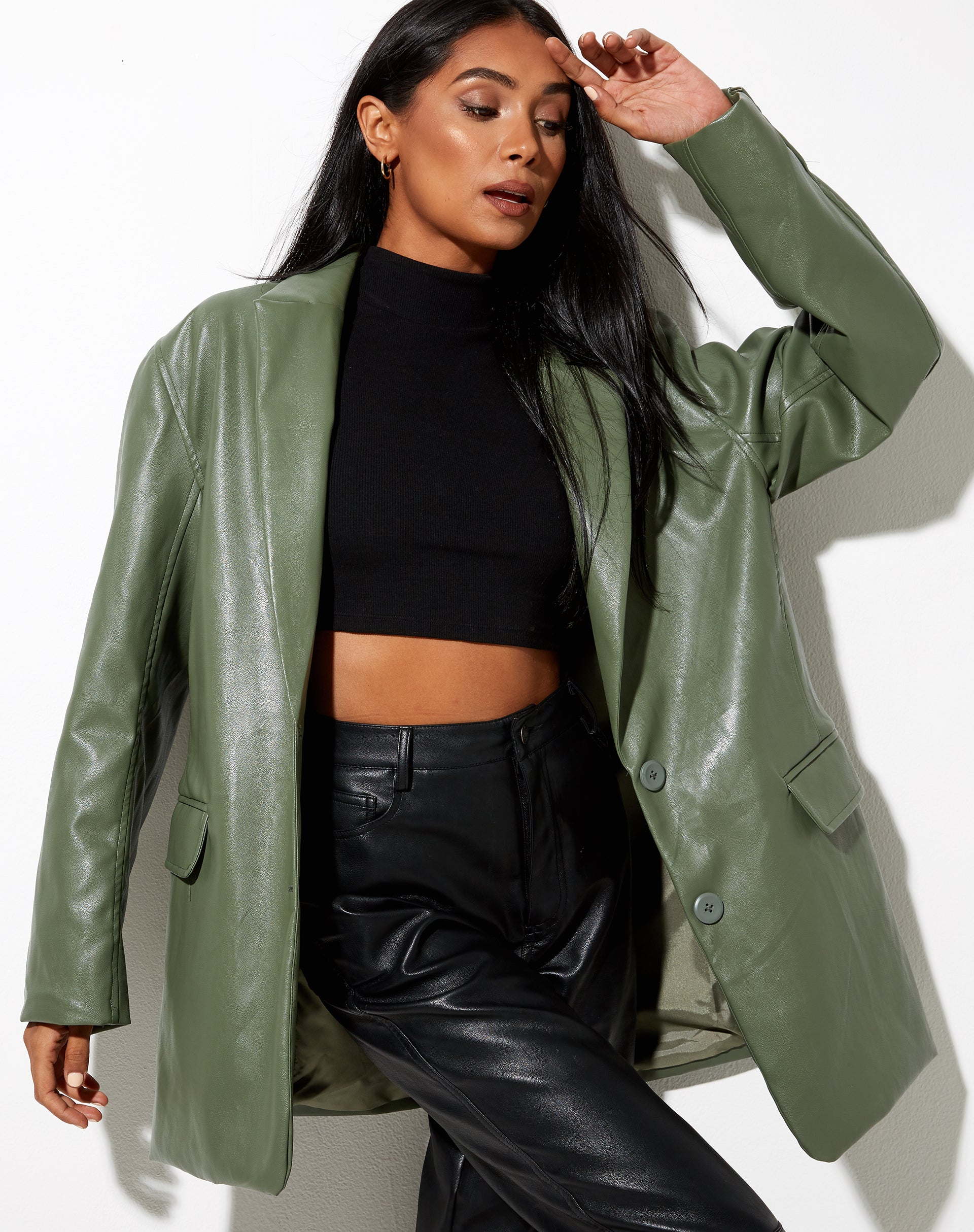 Long Sleeve Green Faux Leather Blazer | Saken – motelrocks-com-us