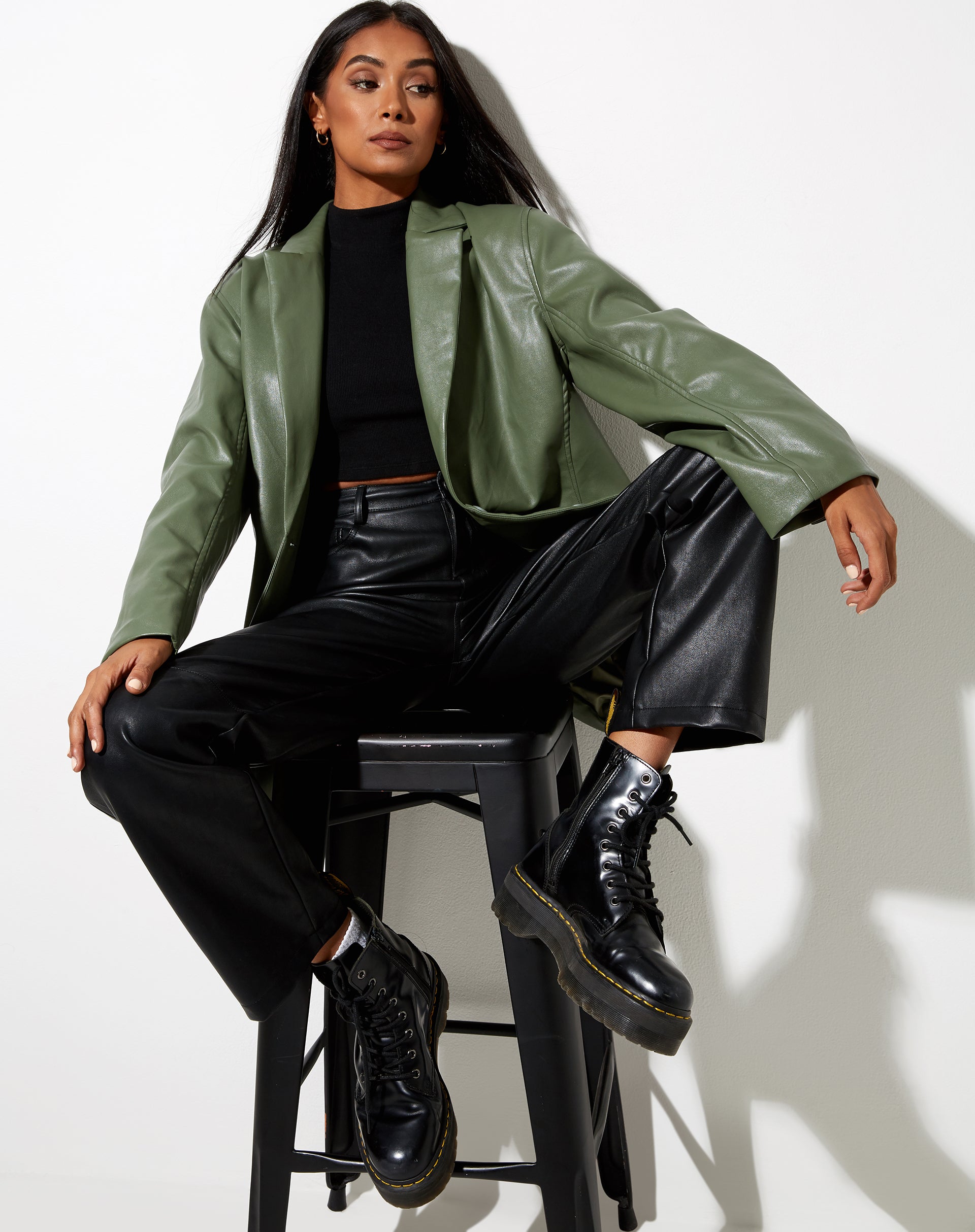 Long Sleeve Green Faux Leather Blazer | Saken – motelrocks-com-us