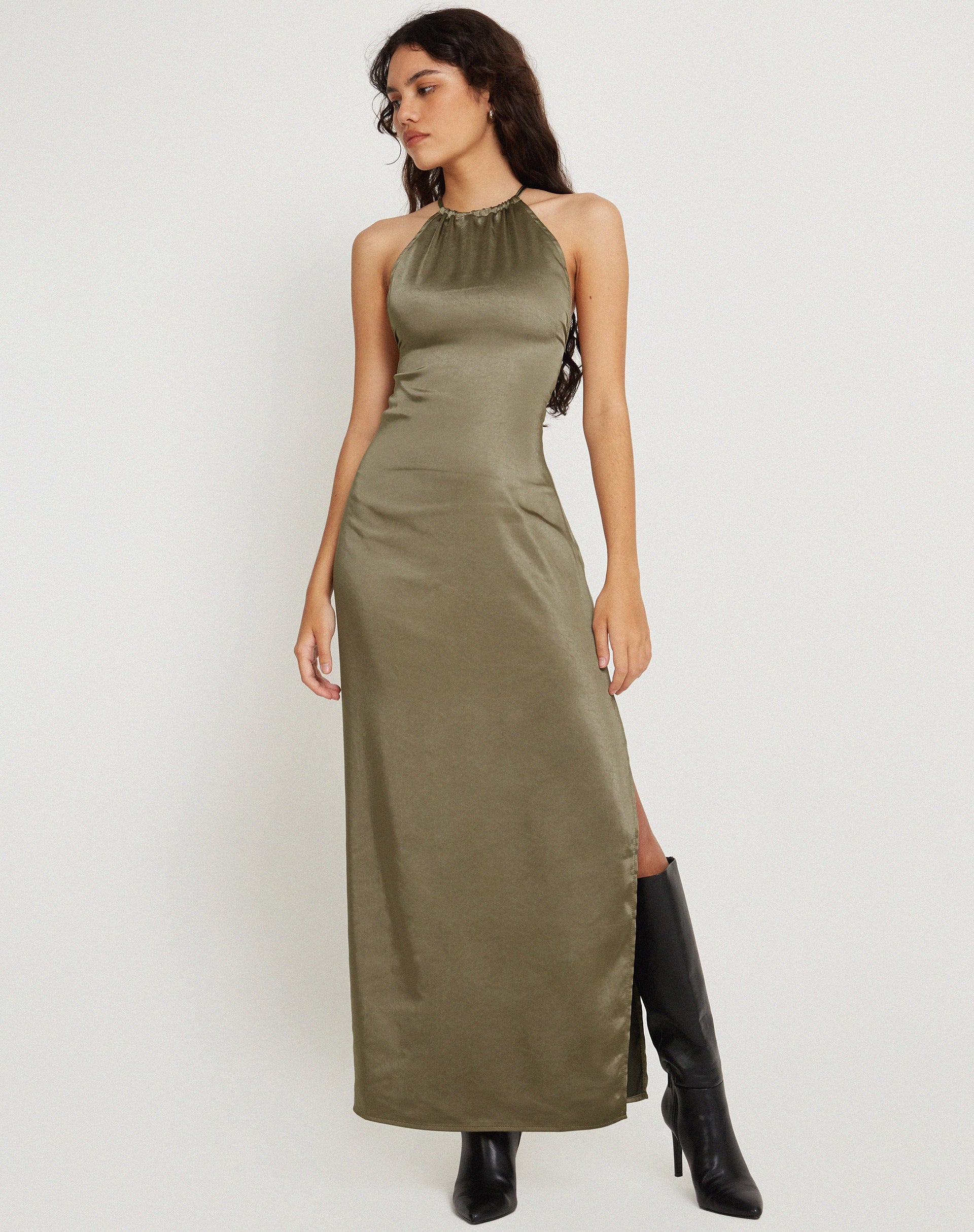 Satin Dark Olive Halter Neck Maxi Dress | Salazar motelrocks-com-us Satin Dark Olive Halter Neck Maxi Dress | Salazar motelrocks-com-us