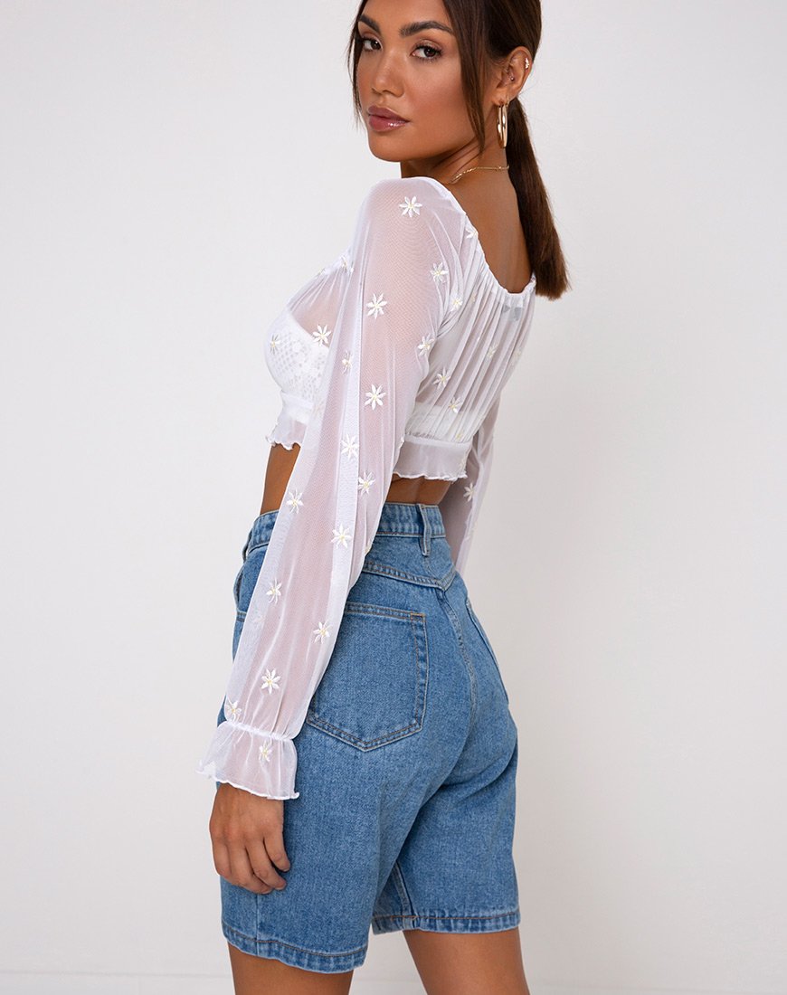 Image of Salima Longsleeve Top in White Daisy Embro White