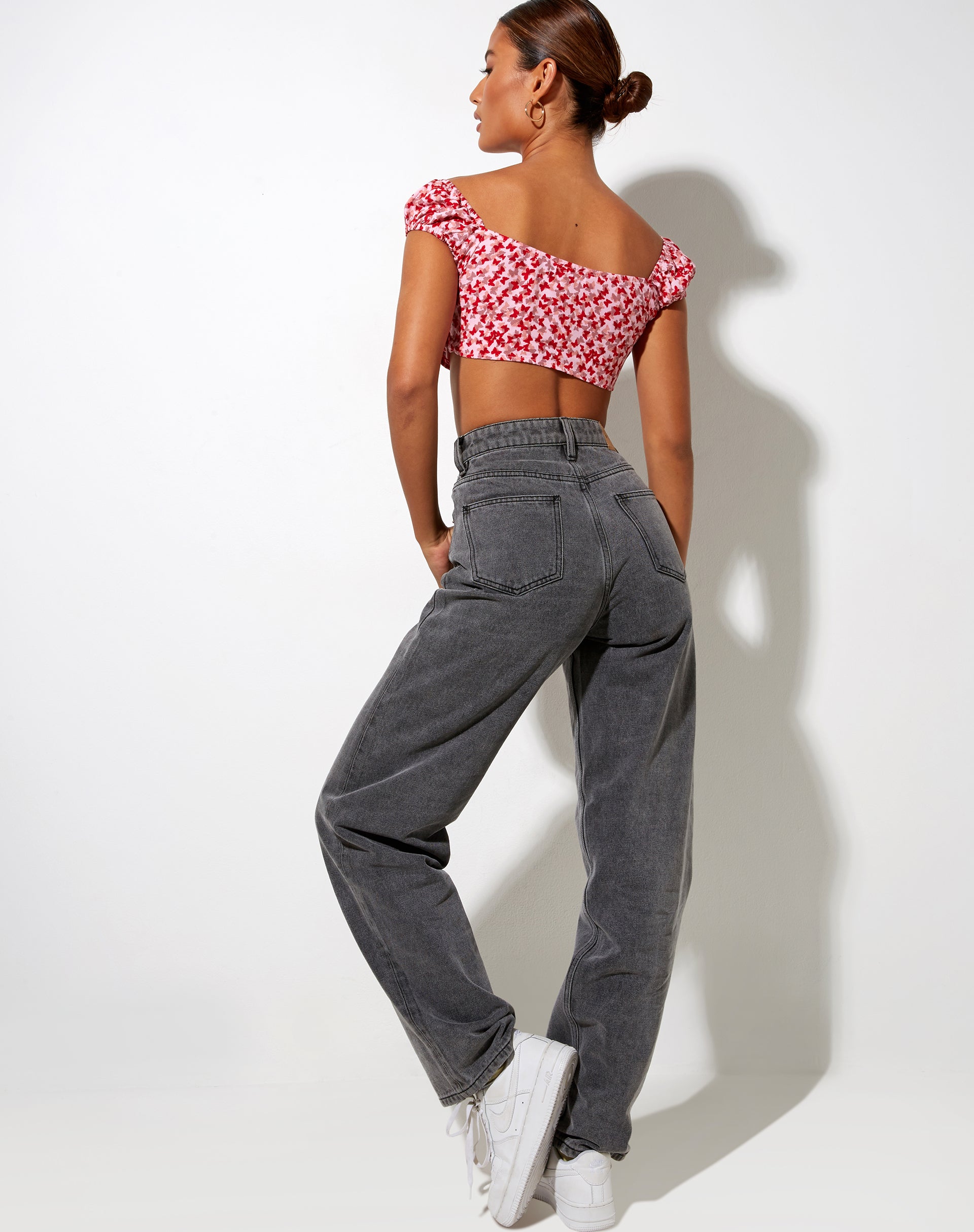 Image of Sarae Crop Top in Ditsy Butterfly Peach and Red