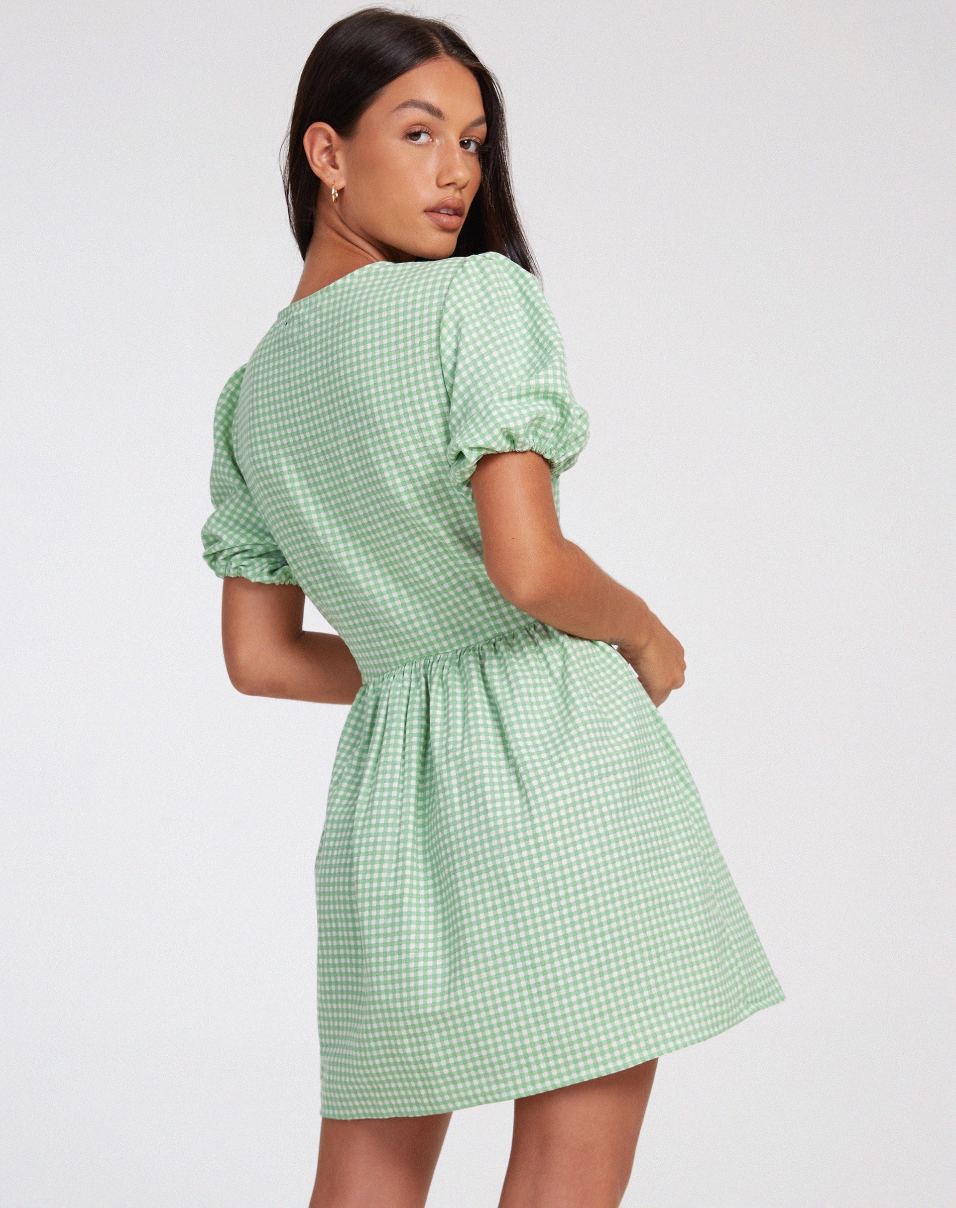 Green Gingham Print Short Puff Sleeve Mini Dress | Sashio –  motelrocks-com-us