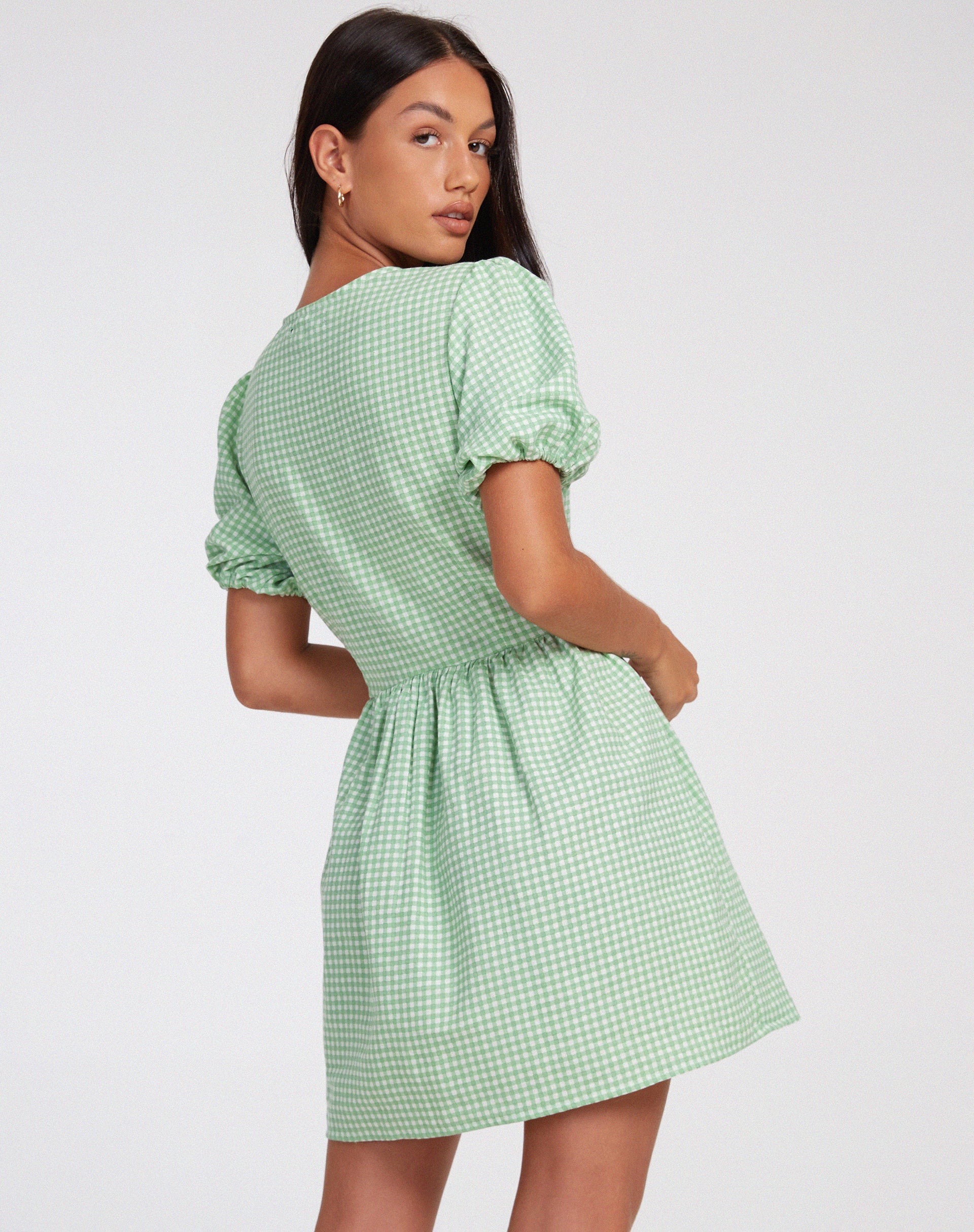 Green Gingham Print Short Puff Sleeve Mini Dress | Sashio motelrocks-com-us Green Gingham Print Short Puff Sleeve Mini Dress | Sashio motelrocks-com-us