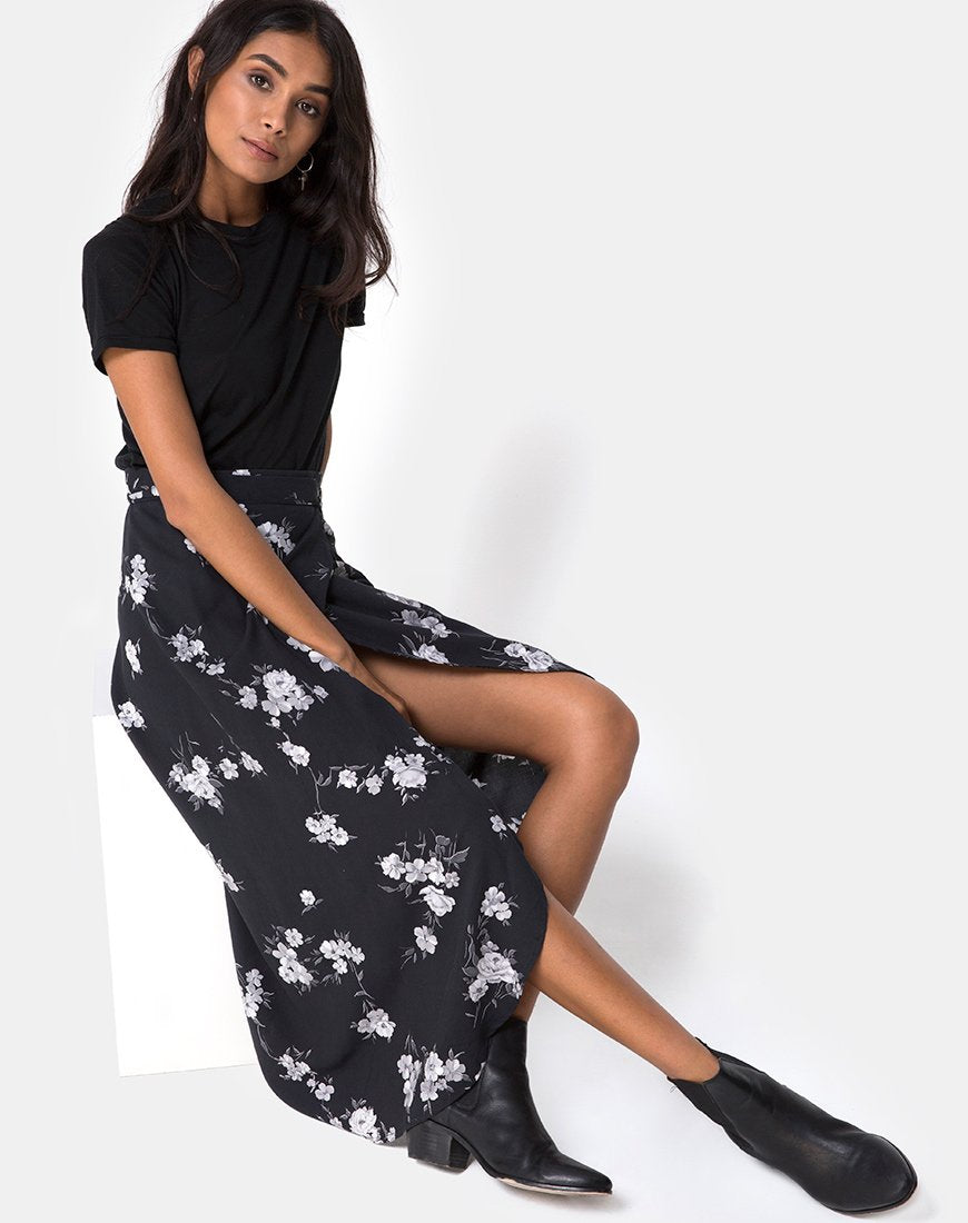 Image of Satha Midi Skirt in Mono Flower Black