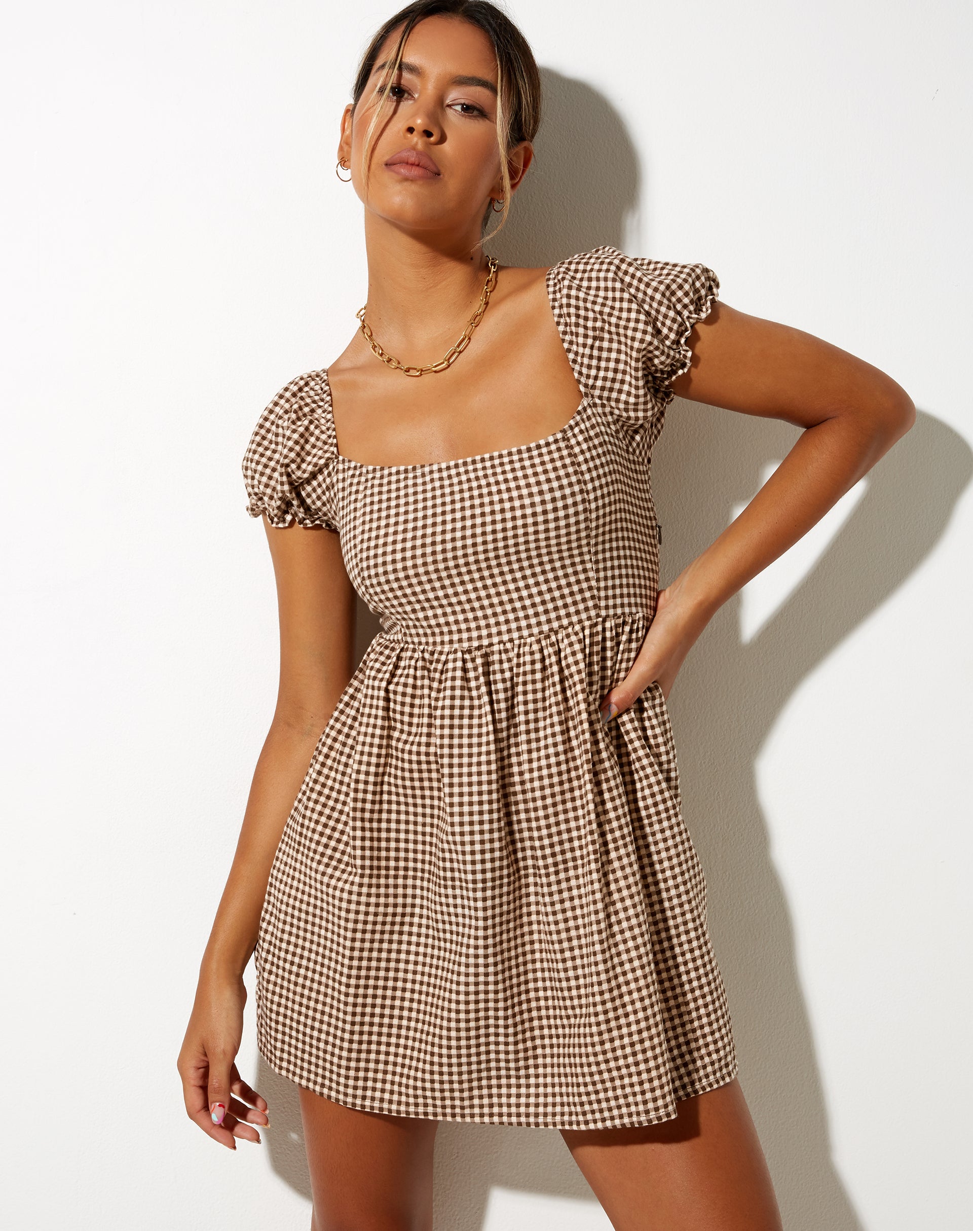 Short Sleeve Brown Check Skater Dress | Saunder motelrocks-com-us Short Sleeve Brown Check Skater Dress | Saunder motelrocks-com-us