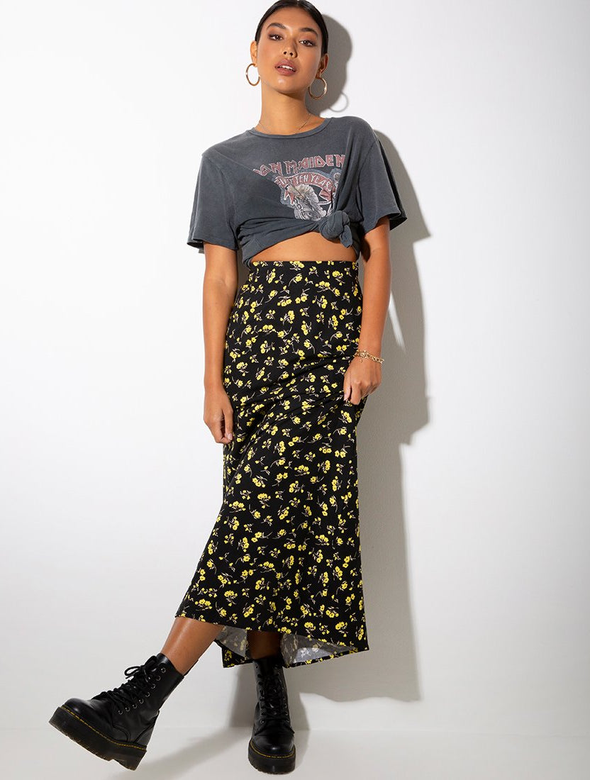 Black Yellow Floral High Waisted Maxi Skirt | Sayan – motelrocks-com-us