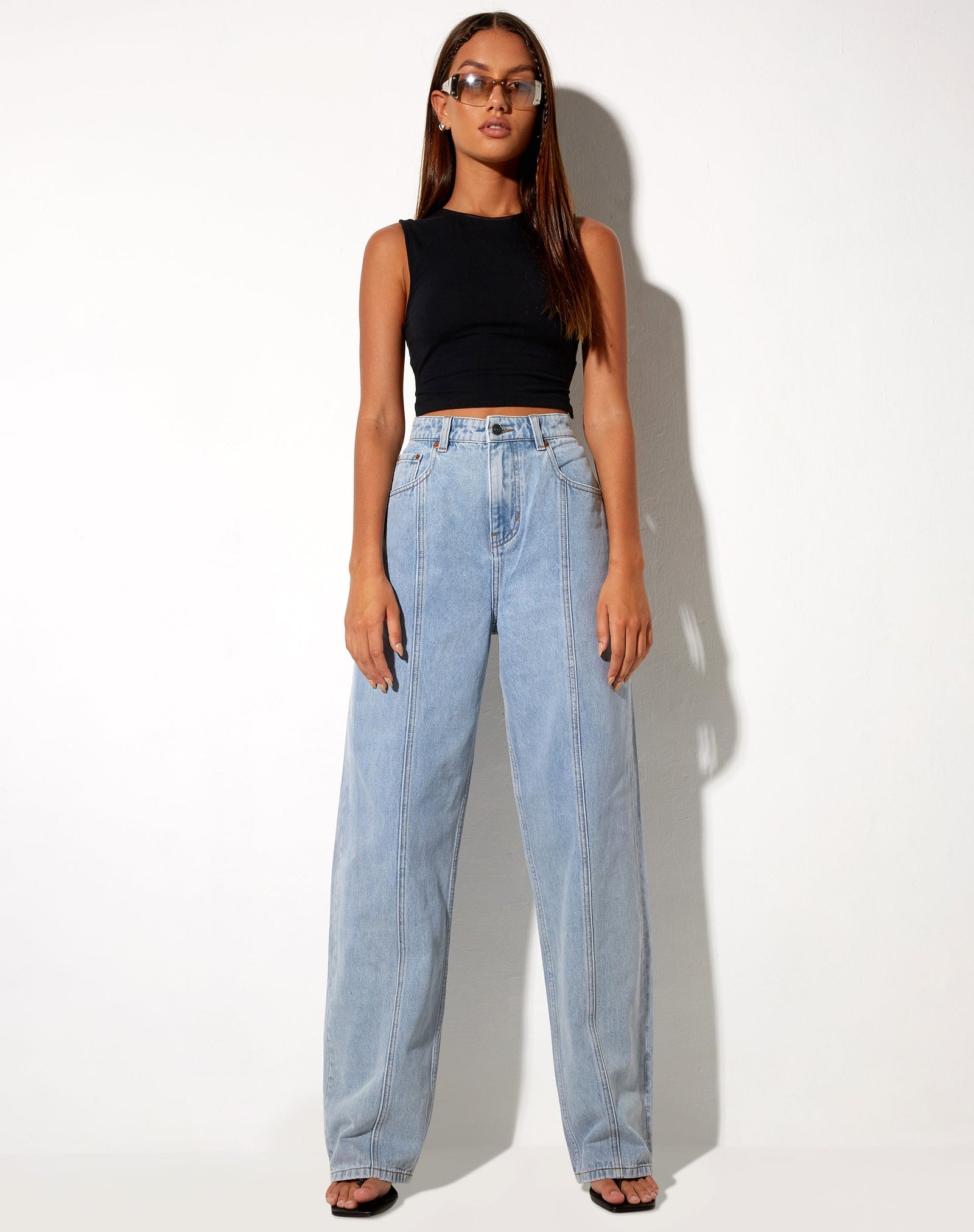 Light Blue High Waisted Wide Leg Seam Jeans Parallel
