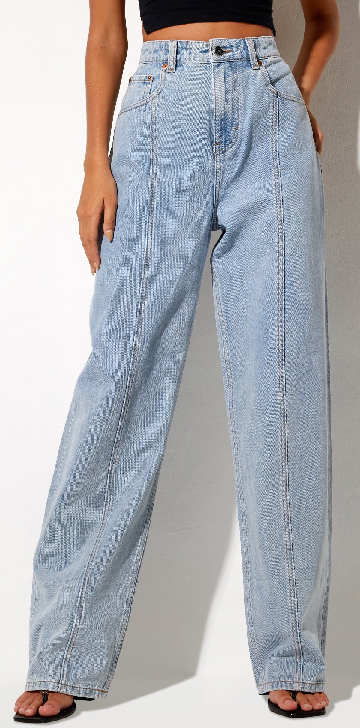 Light Blue High Waisted Wide Leg Seam Jeans Parallel