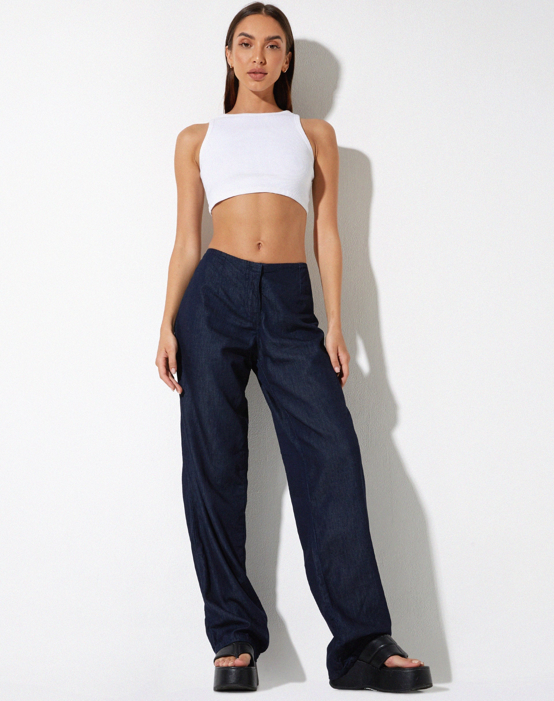 Denim Blue Low Rise Zip and Button Fastening Wide Leg Trouser | Sedna ...