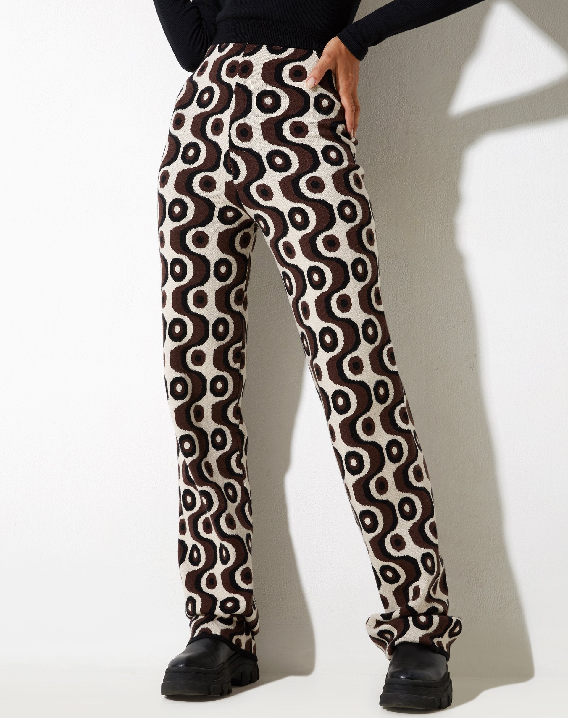 image of Sheba Wide Leg Trouser in Wavy Geo Ivory Brown and Blackv