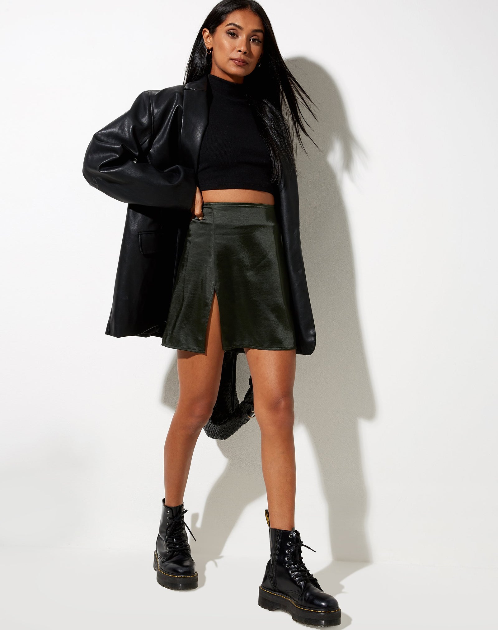 Satin Dark Khaki High Waisted Side Split Mini Skirt | Shenka ...