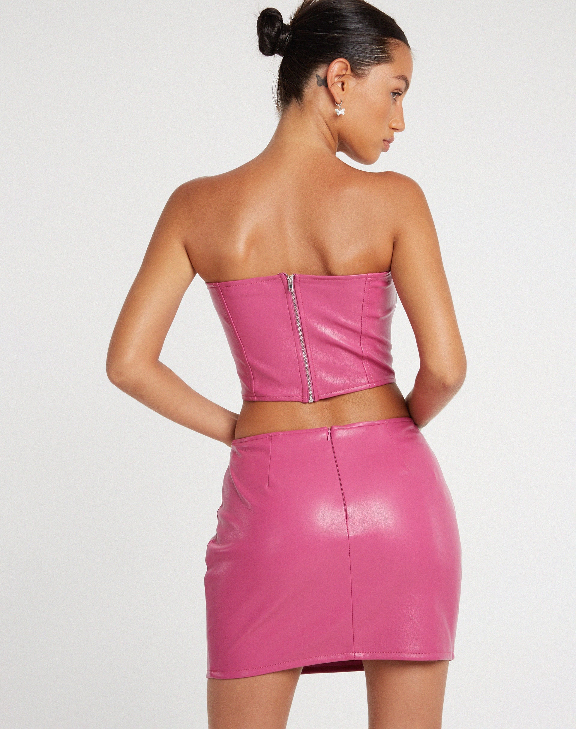 Skirt Outfit Leather Mini Skirt Pink Crop Top Pink Leather Skirts