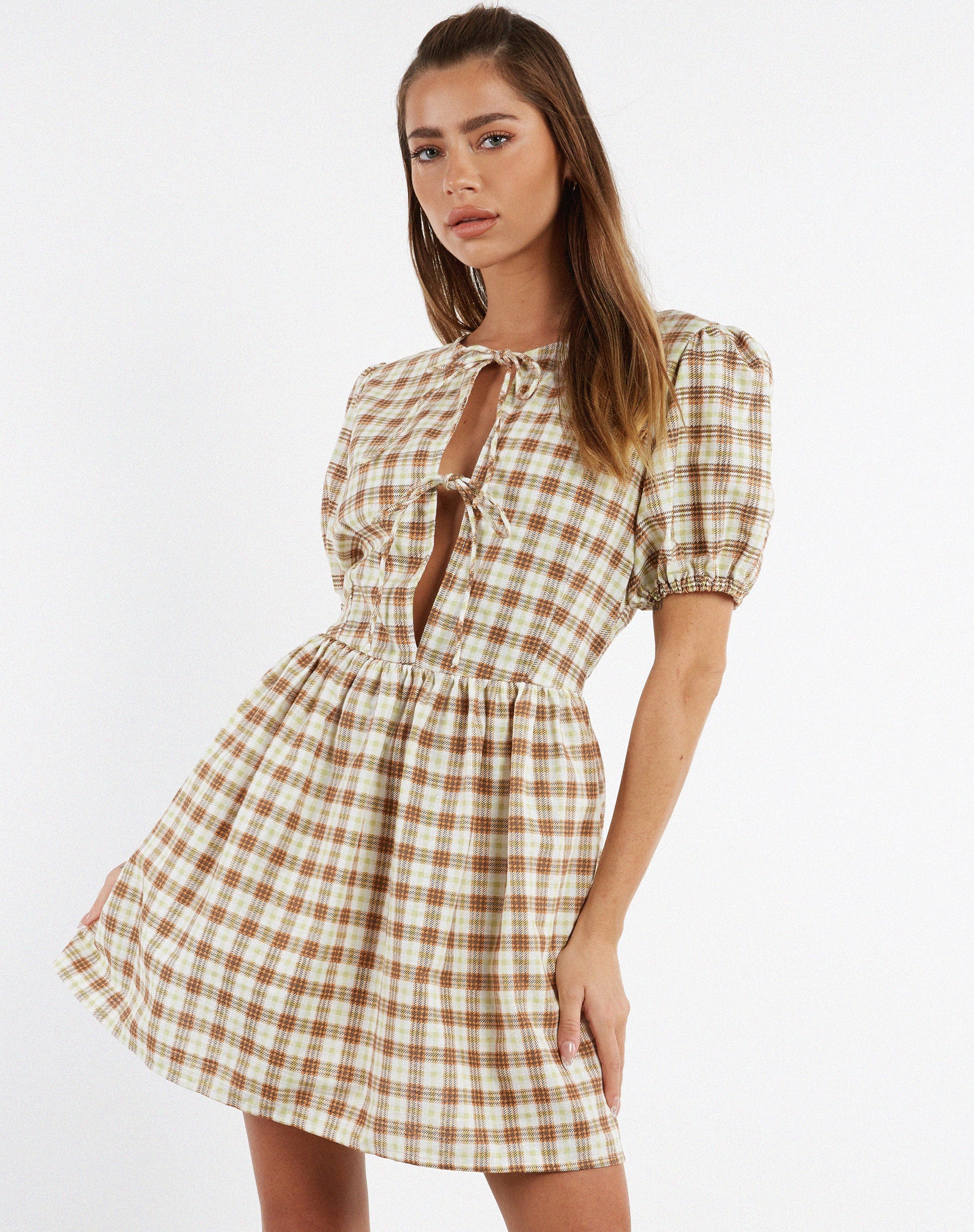 Shirley Mini Dress in Yellow Brown Check Shirley Mini Dress in Yellow Brown Check