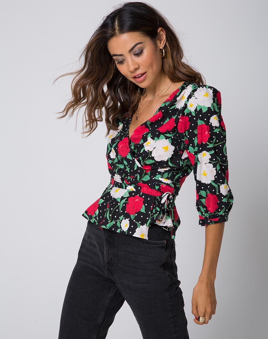 Image of Shon Wrap Top in Polka Rose Black